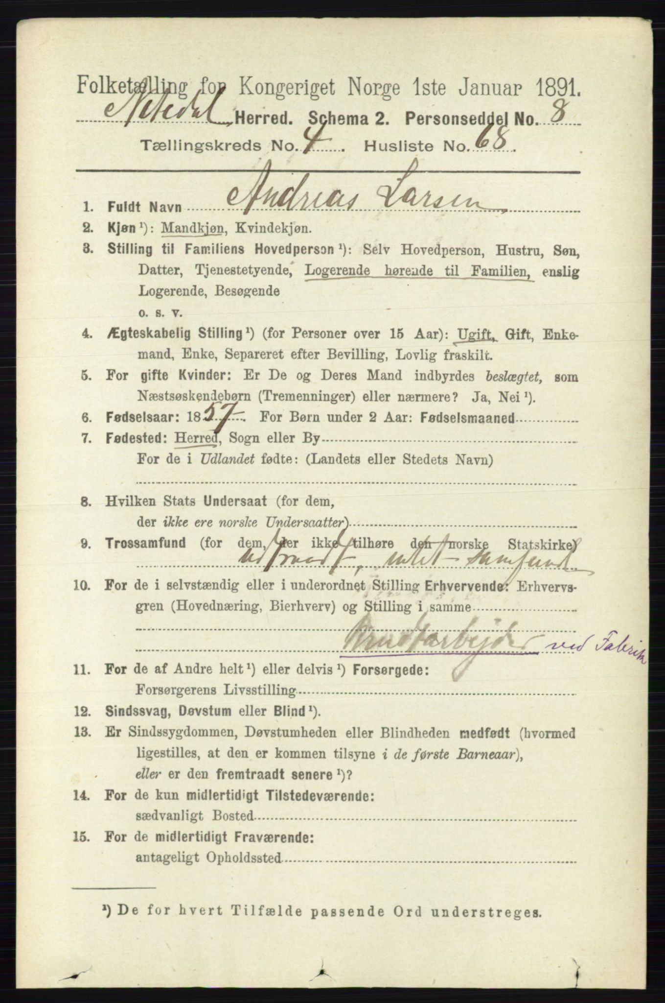 RA, 1891 census for 0233 Nittedal, 1891, p. 2070
