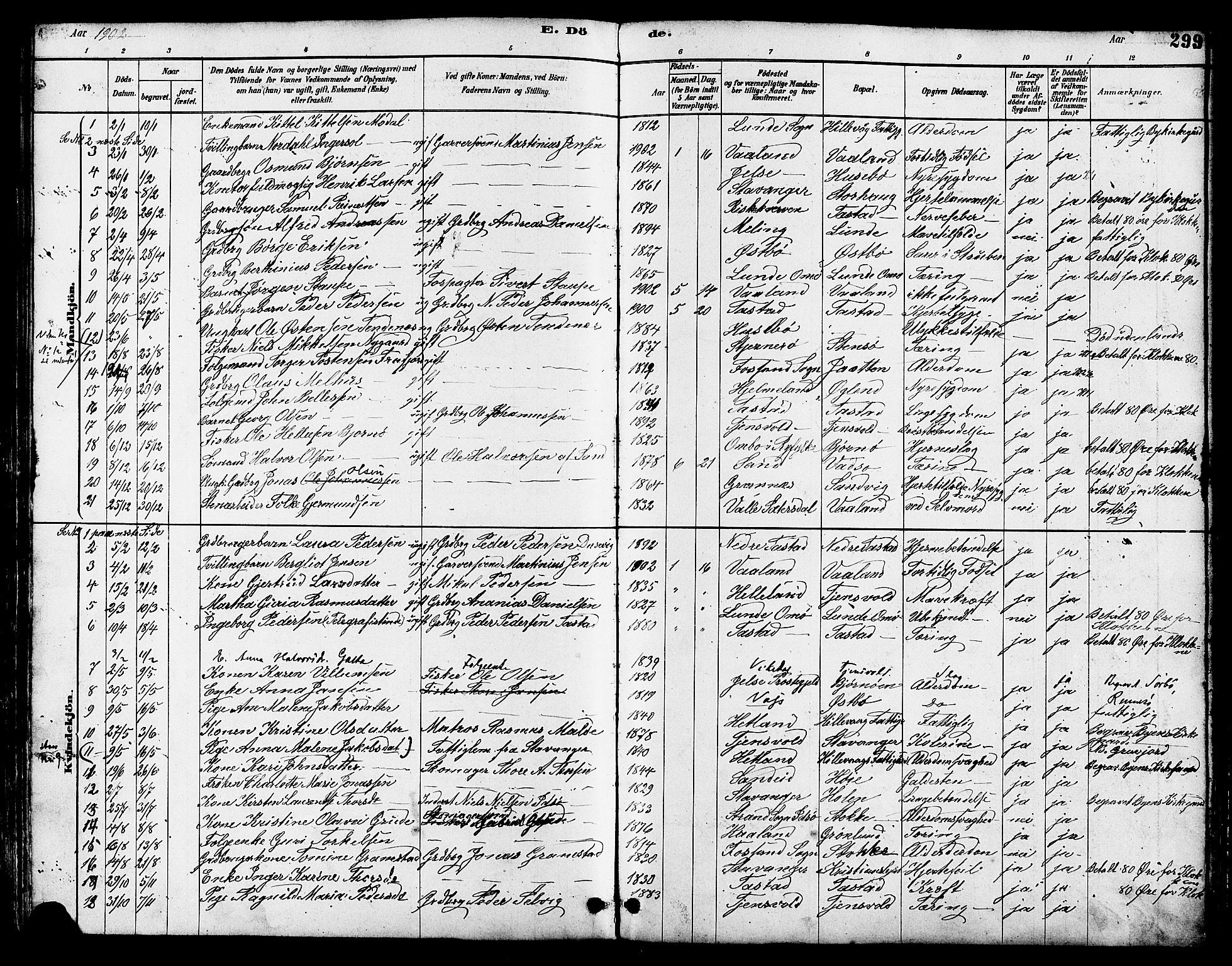 Hetland sokneprestkontor, SAST/A-101826/30/30BB/L0005: Parish register (copy) no. B 5, 1878-1910, p. 299