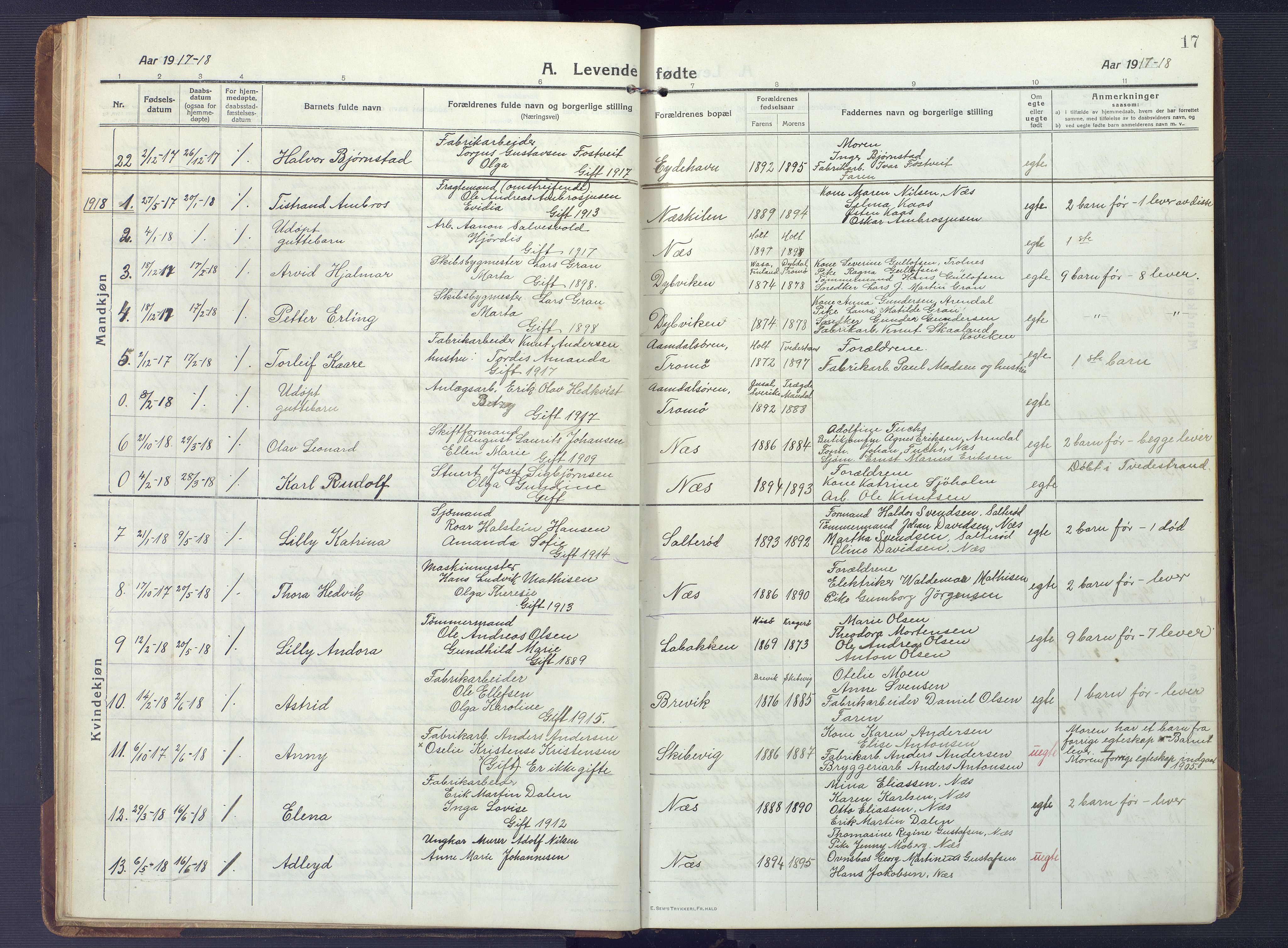 Austre Moland sokneprestkontor, AV/SAK-1111-0001/F/Fb/Fbb/L0004: Parish register (copy) no. B 4, 1914-1929, p. 17