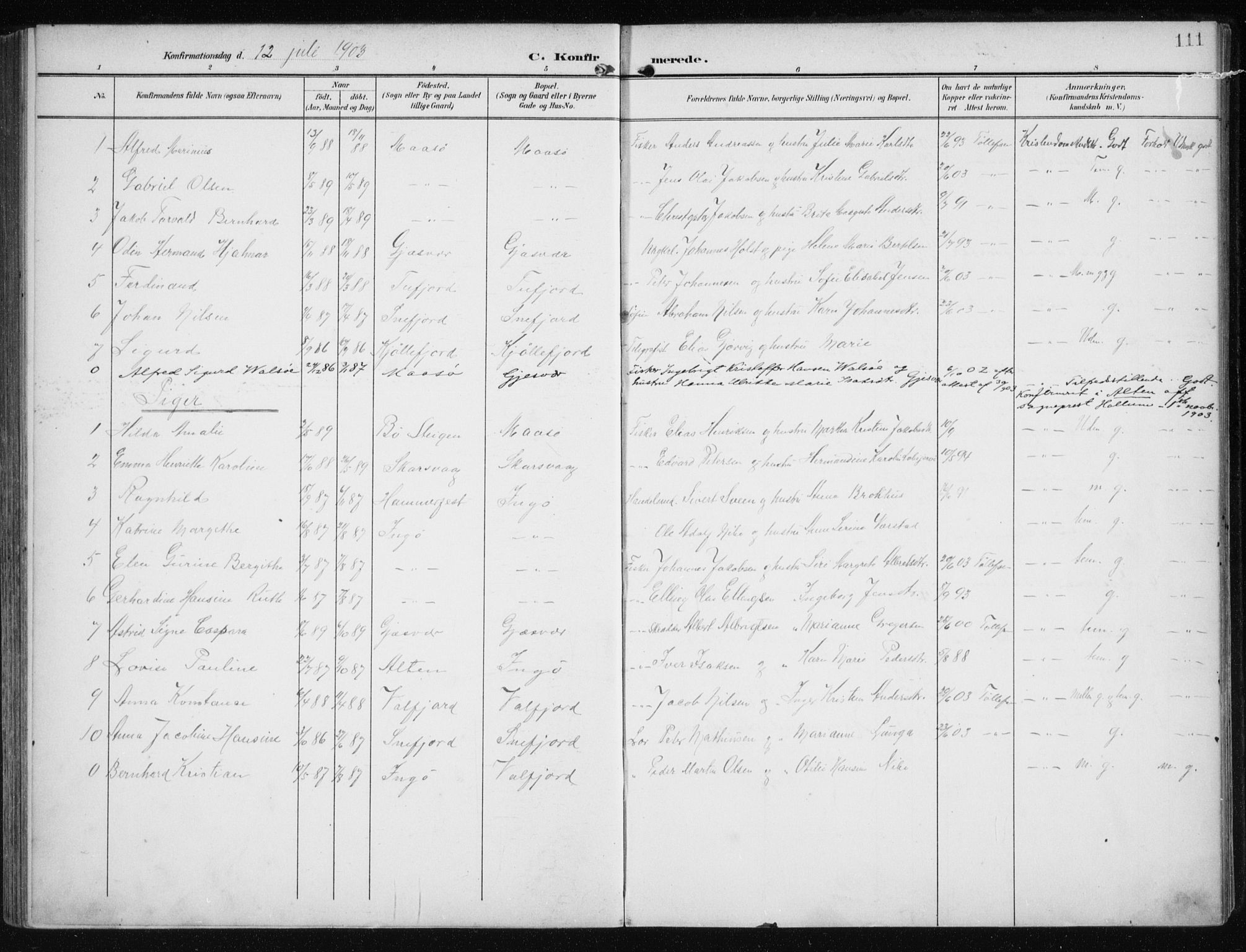 Måsøy sokneprestkontor, SATØ/S-1348/H/Ha/L0009kirke: Parish register (official) no. 9, 1903-1914, p. 111