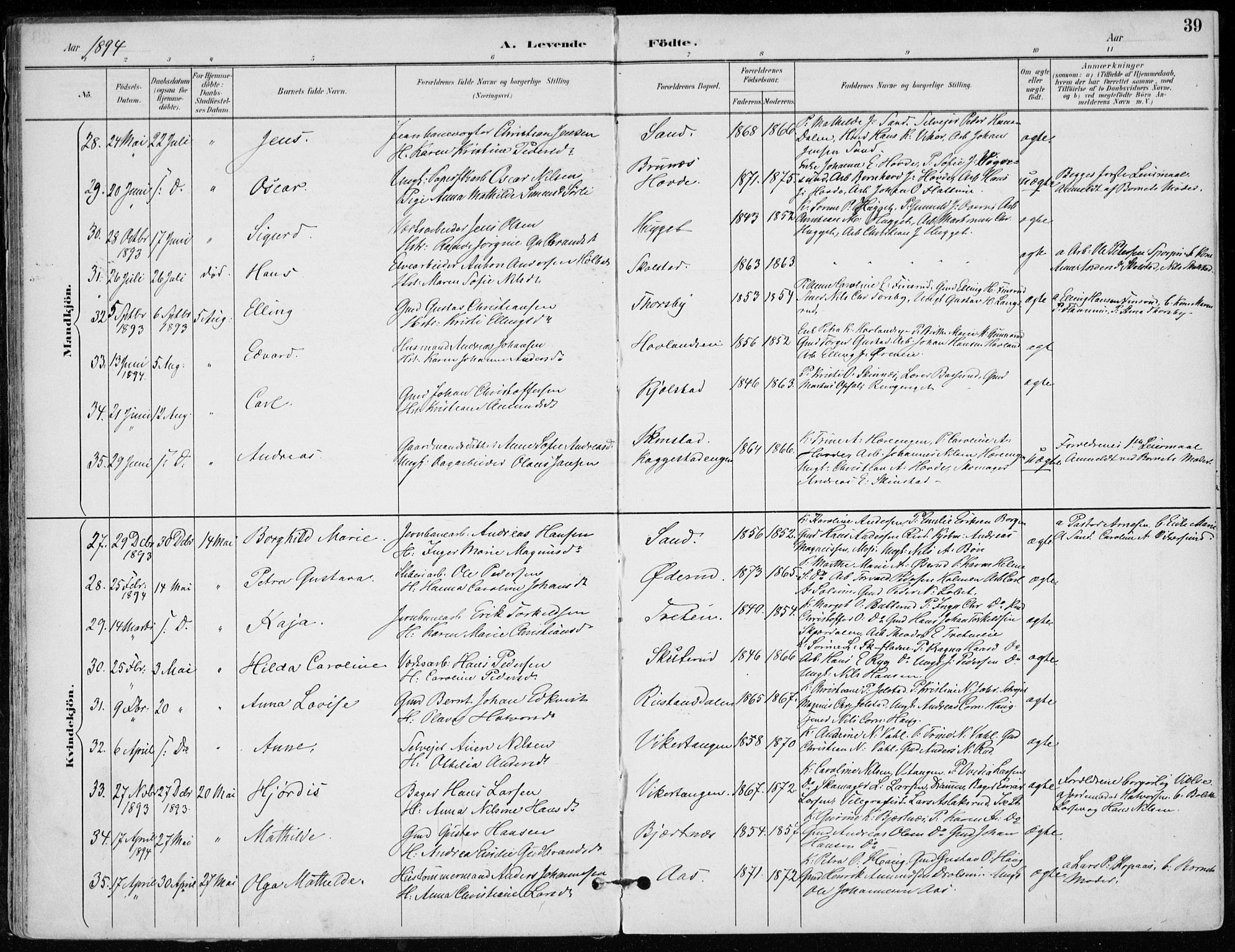 Modum kirkebøker, AV/SAKO-A-234/F/Fa/L0012: Parish register (official) no. 12, 1890-1898, p. 39