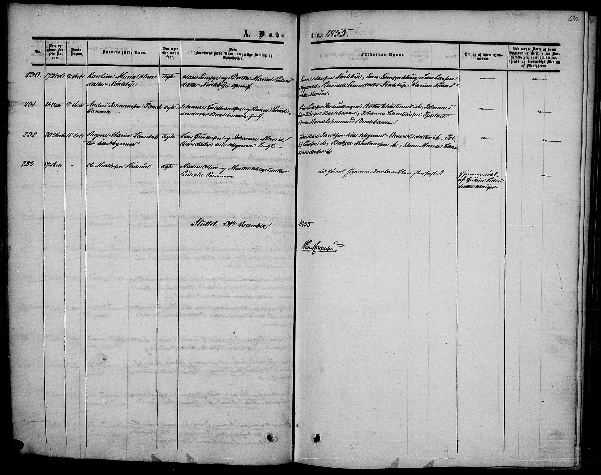 Vestre Toten prestekontor, AV/SAH-PREST-108/H/Ha/Haa/L0005: Parish register (official) no. 5, 1850-1855, p. 120