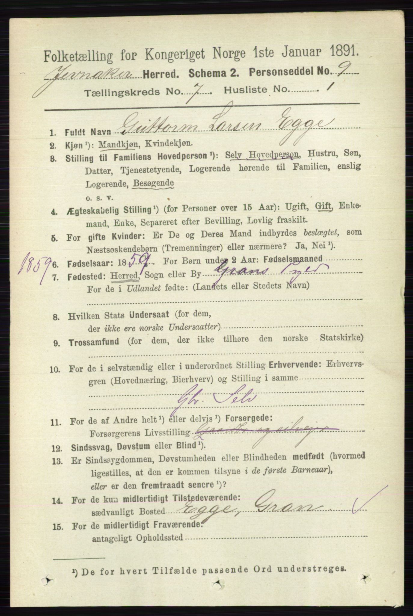 RA, 1891 census for 0532 Jevnaker, 1891, p. 3743