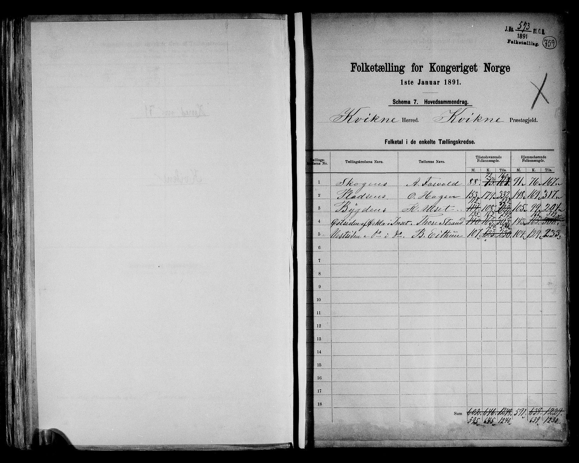 RA, 1891 census for 0440 Kvikne, 1891, p. 2