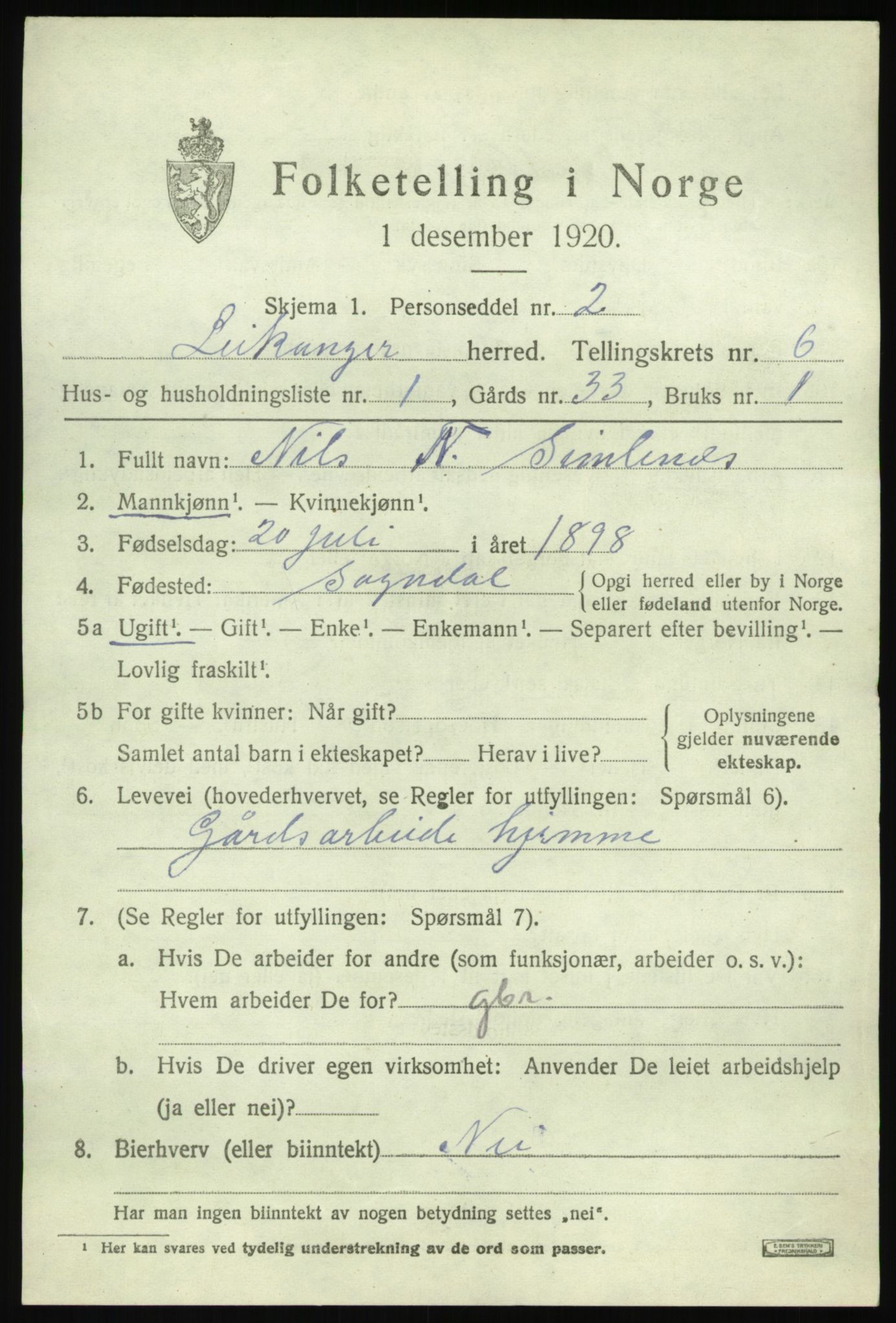 SAB, 1920 census for Leikanger, 1920, p. 3816