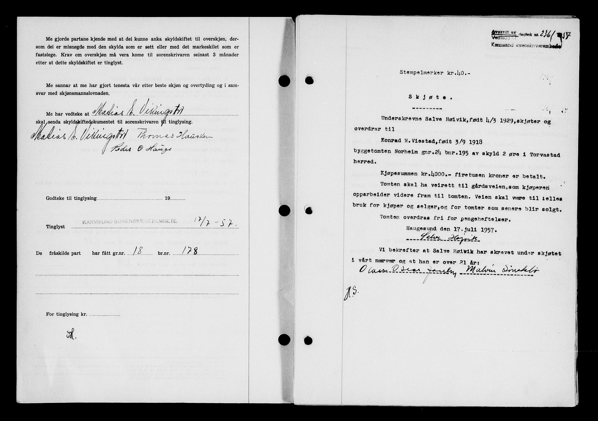 Karmsund sorenskriveri, SAST/A-100311/01/II/IIB/L0125: Mortgage book no. 105A, 1957-1957, Diary no: : 2361/1957