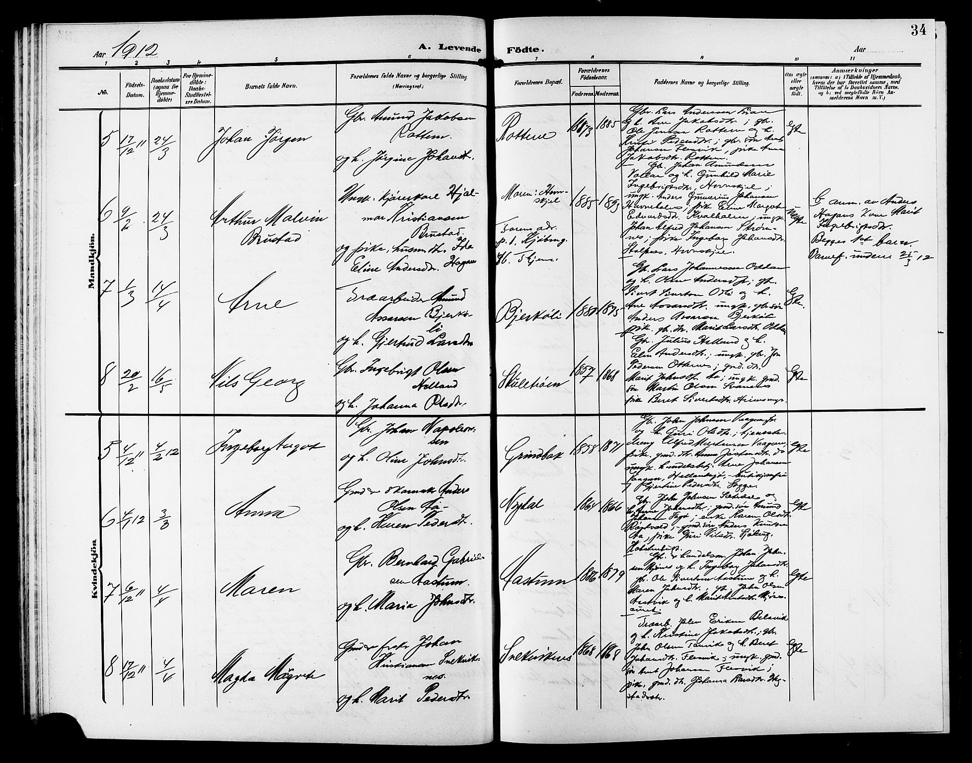 Ministerialprotokoller, klokkerbøker og fødselsregistre - Sør-Trøndelag, SAT/A-1456/633/L0520: Parish register (copy) no. 633C02, 1906-1921, p. 34