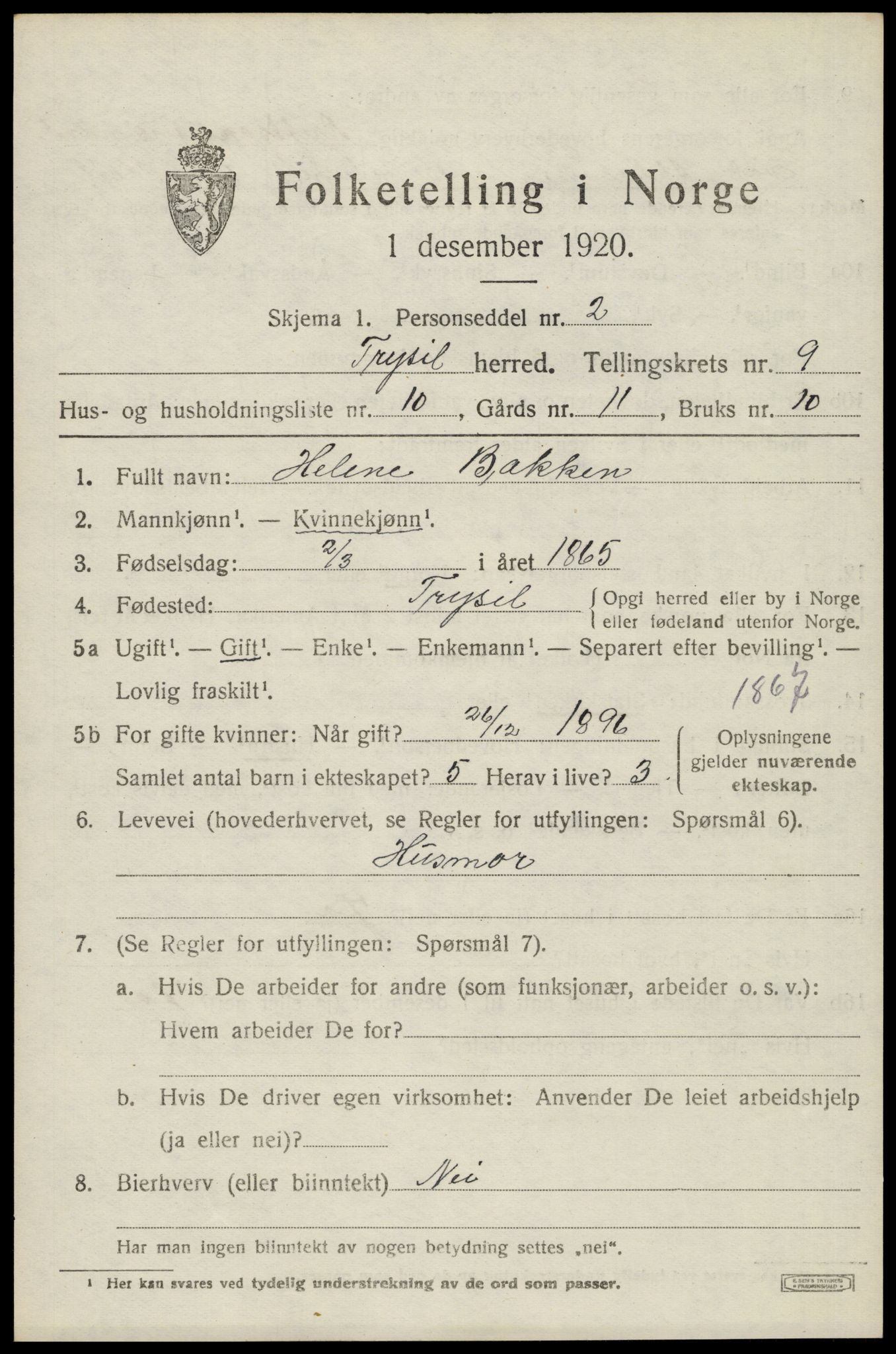 SAH, 1920 census for Trysil, 1920, p. 6665