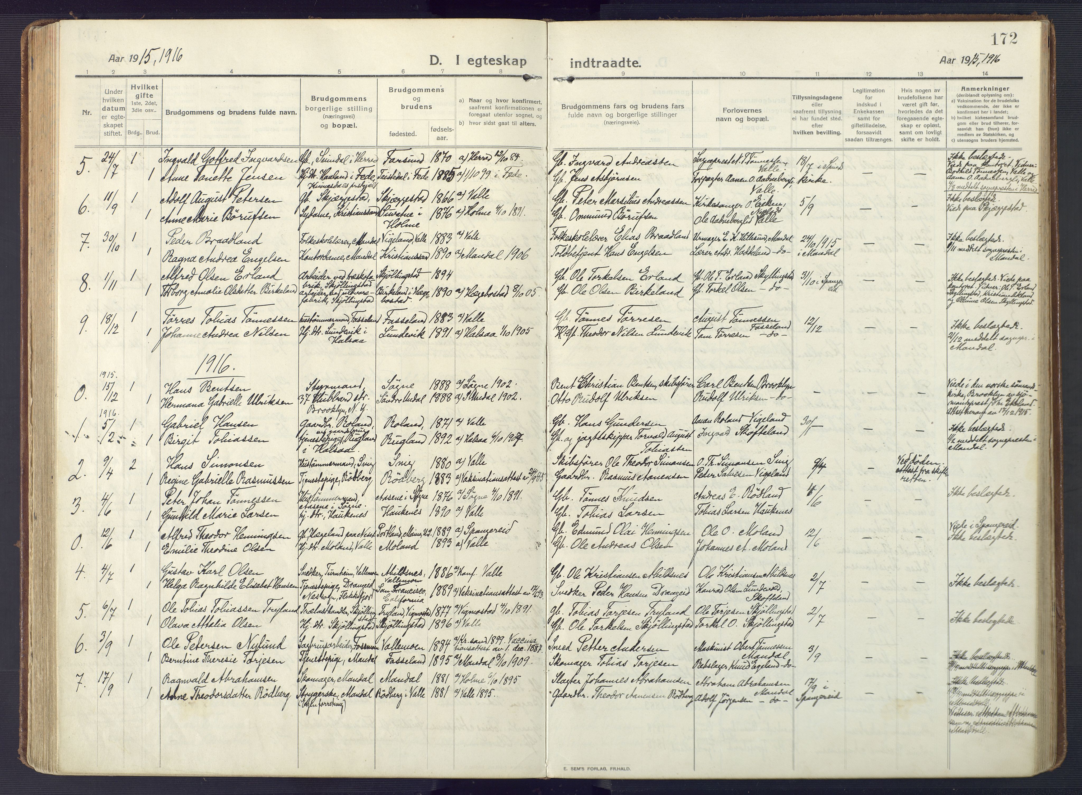 Sør-Audnedal sokneprestkontor, AV/SAK-1111-0039/F/Fa/Fab/L0011: Parish register (official) no. A 11, 1912-1938, p. 172