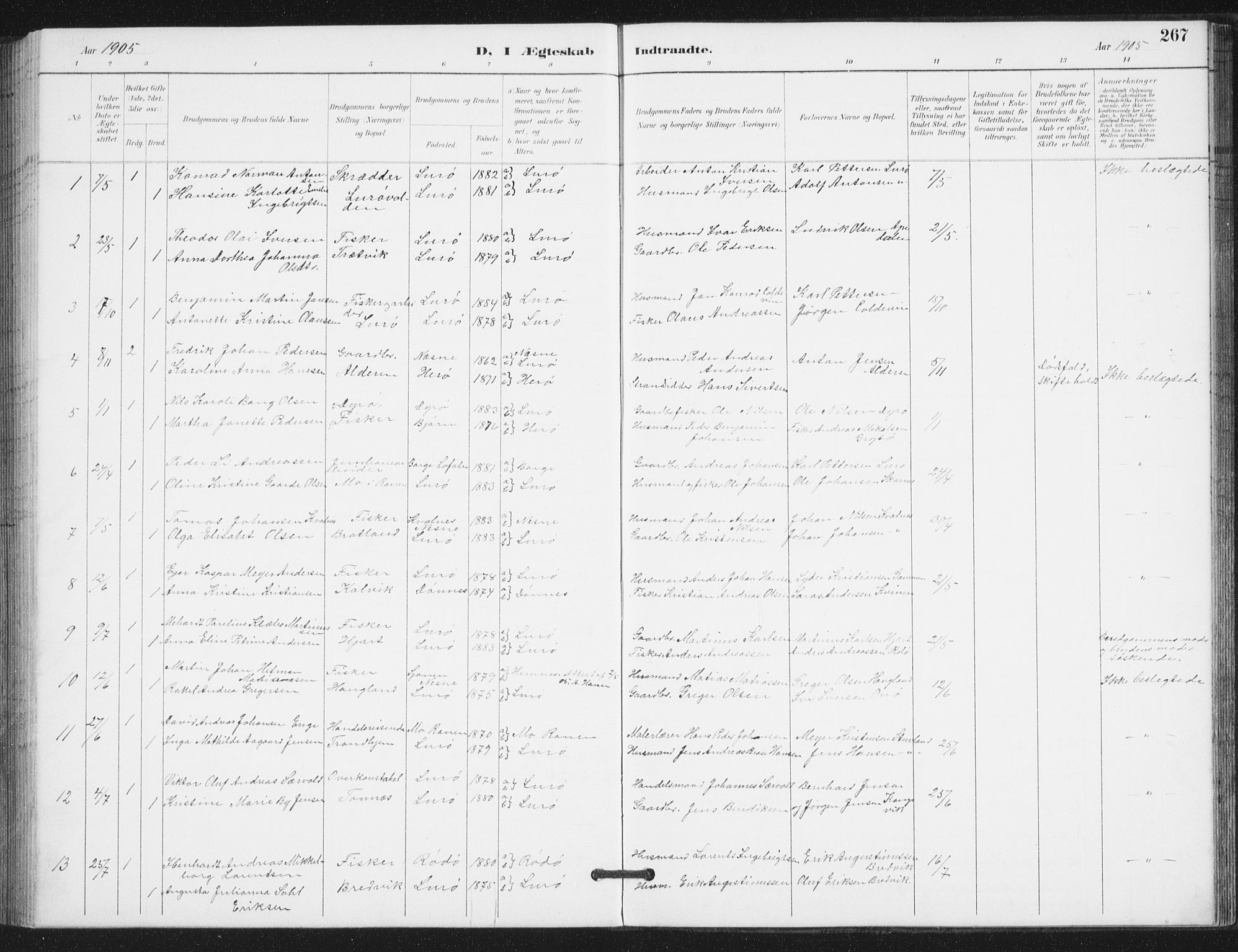 Ministerialprotokoller, klokkerbøker og fødselsregistre - Nordland, SAT/A-1459/839/L0573: Parish register (copy) no. 839C03, 1892-1917, p. 267