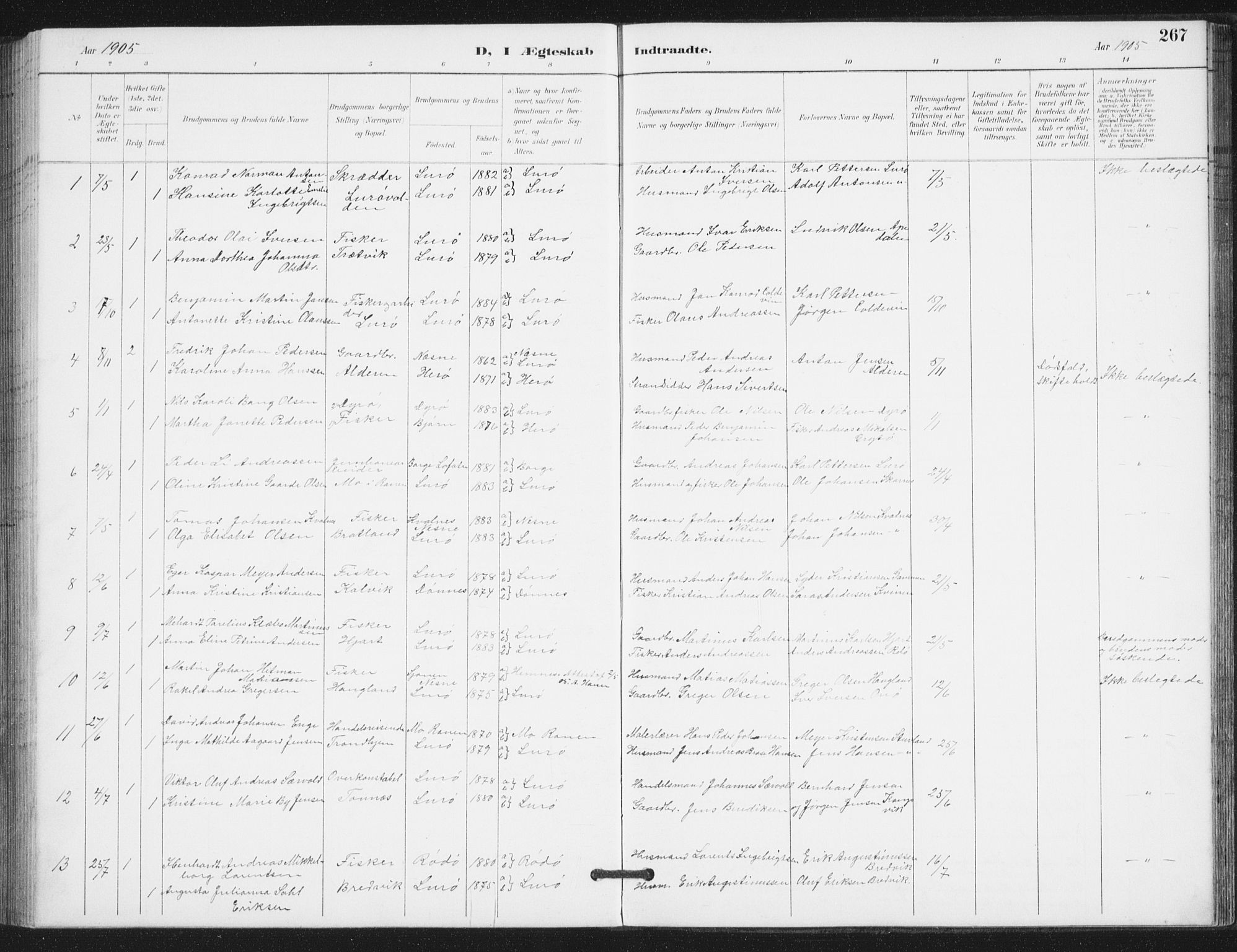 Ministerialprotokoller, klokkerbøker og fødselsregistre - Nordland, AV/SAT-A-1459/839/L0573: Parish register (copy) no. 839C03, 1892-1917, p. 267