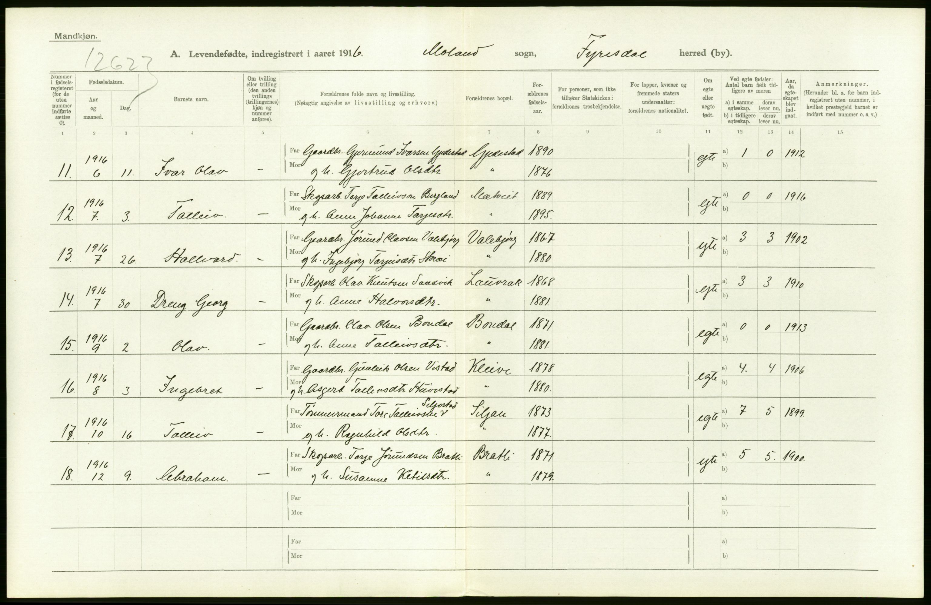 Statistisk sentralbyrå, Sosiodemografiske emner, Befolkning, AV/RA-S-2228/D/Df/Dfb/Dfbf/L0022: Bratsberg amt: Levendefødte menn og kvinner. Bygder., 1916, p. 40