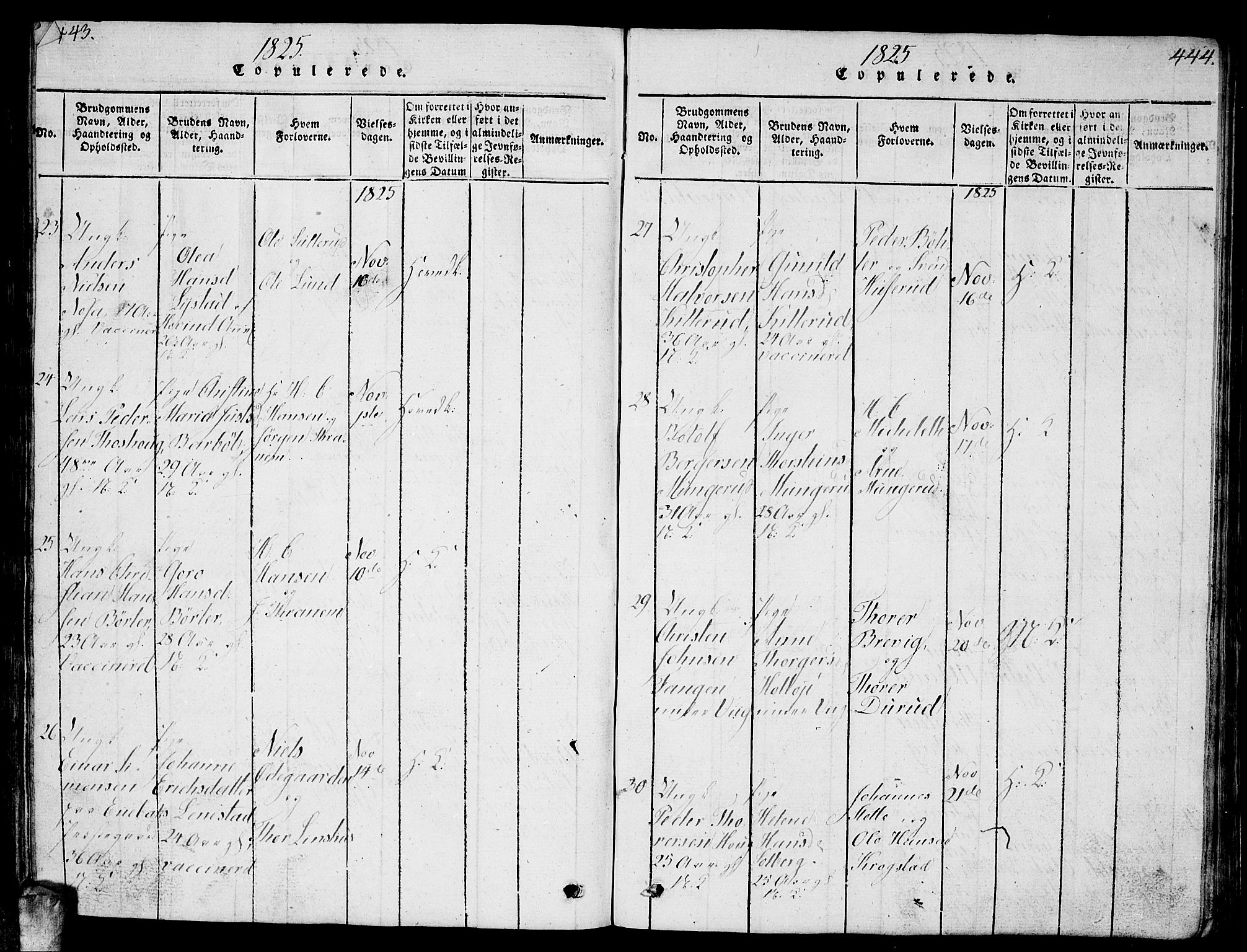 Enebakk prestekontor Kirkebøker, AV/SAO-A-10171c/G/Ga/L0001: Parish register (copy) no. I 1, 1815-1833, p. 443-444