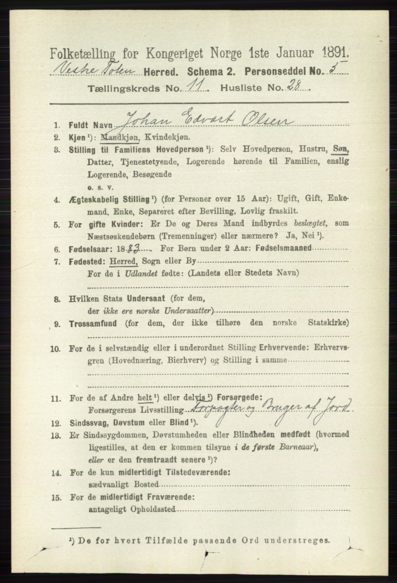 RA, 1891 census for 0529 Vestre Toten, 1891, p. 6854