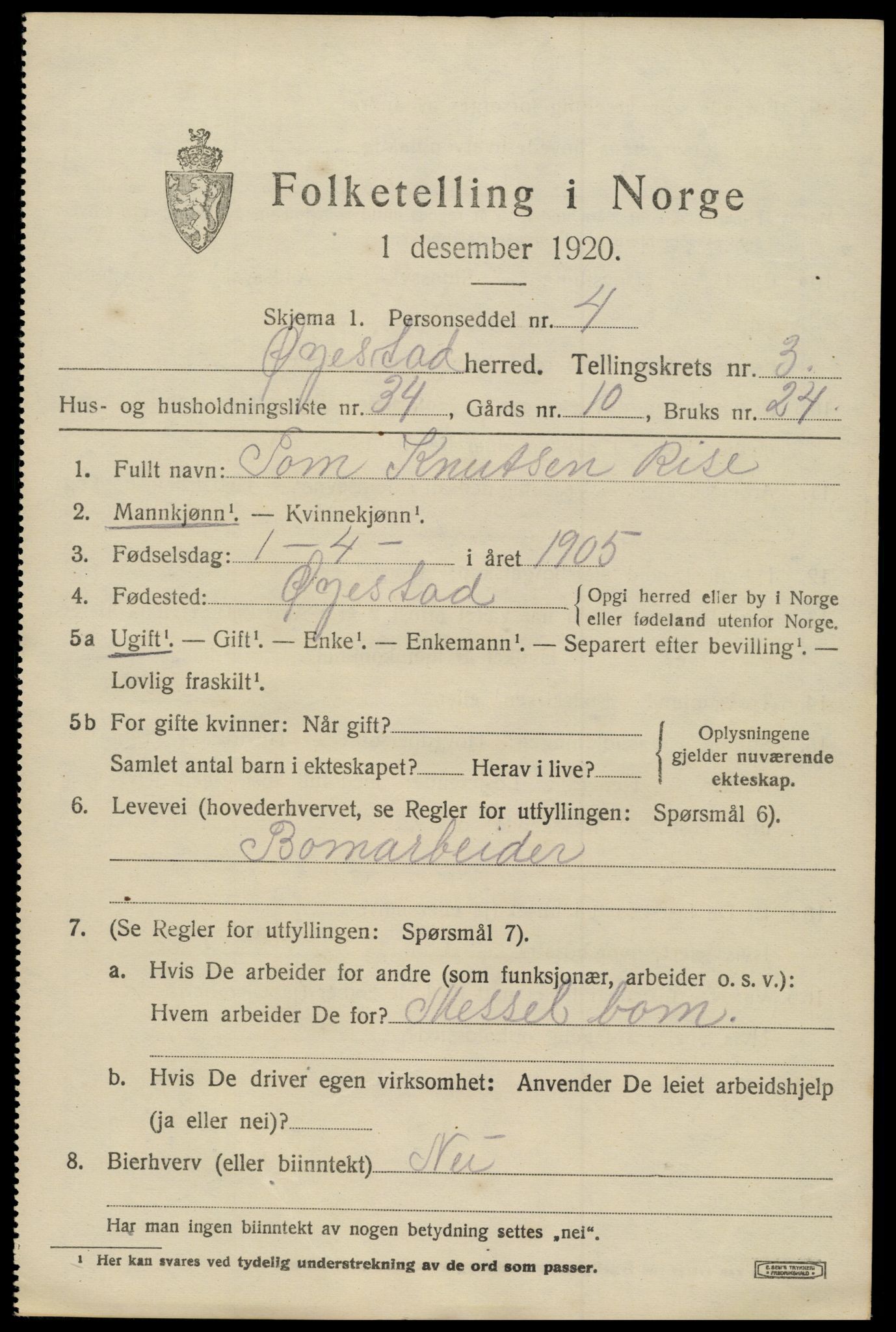 SAK, 1920 census for Øyestad, 1920, p. 3036