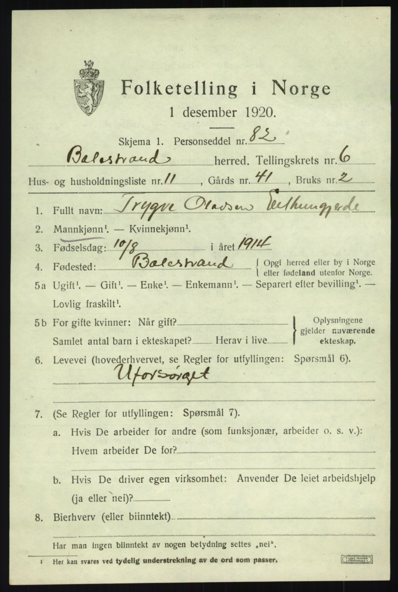 SAB, 1920 census for Balestrand, 1920, p. 3020