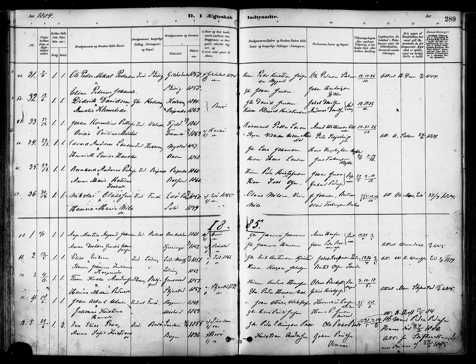 Ministerialprotokoller, klokkerbøker og fødselsregistre - Nordland, SAT/A-1459/802/L0054: Parish register (official) no. 802A01, 1879-1893, p. 289