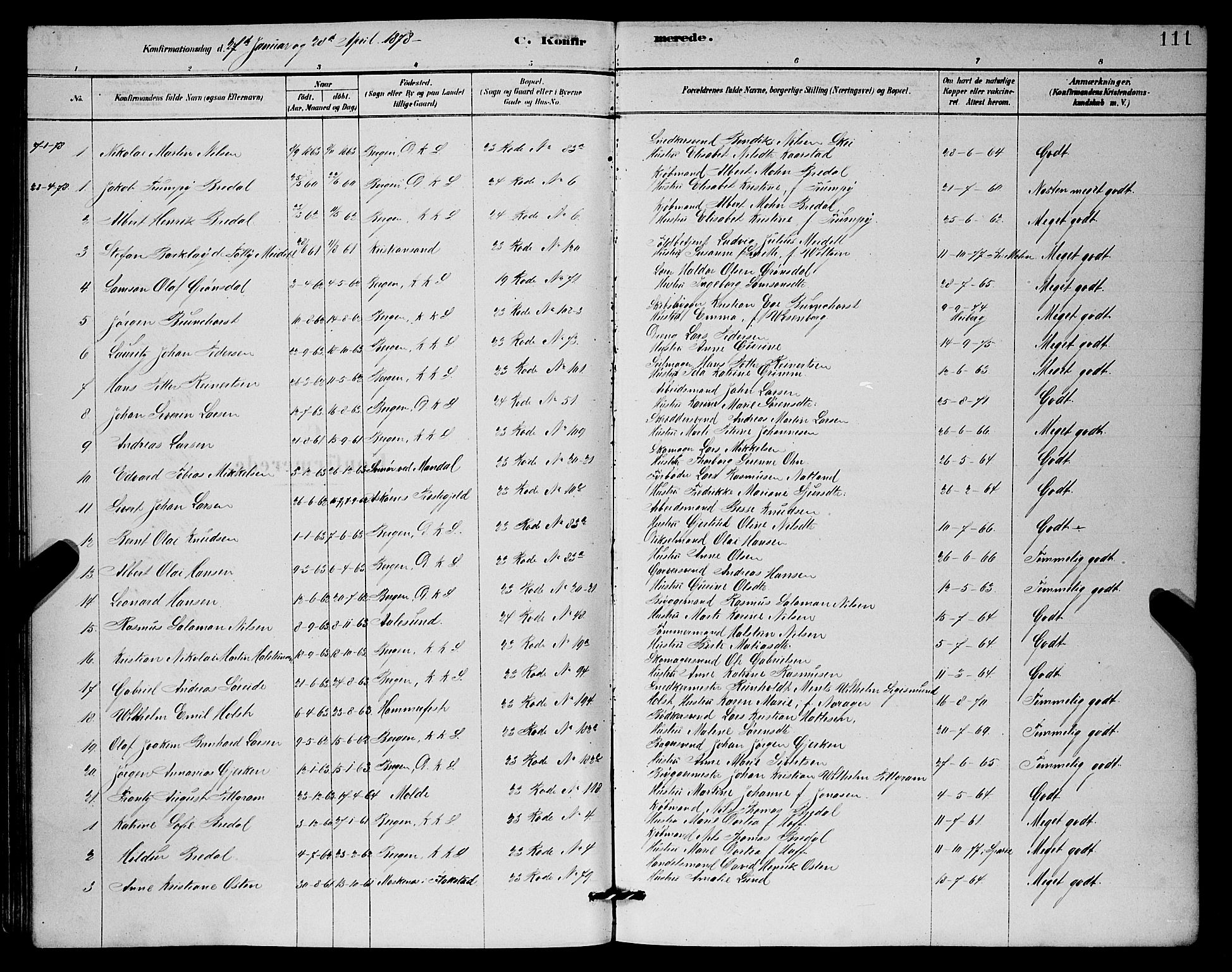 Mariakirken Sokneprestembete, SAB/A-76901/H/Hab/L0004: Parish register (copy) no. A 4, 1878-1892, p. 111