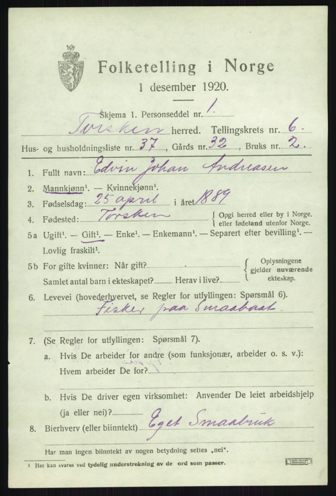 SATØ, 1920 census for Torsken, 1920, p. 2879