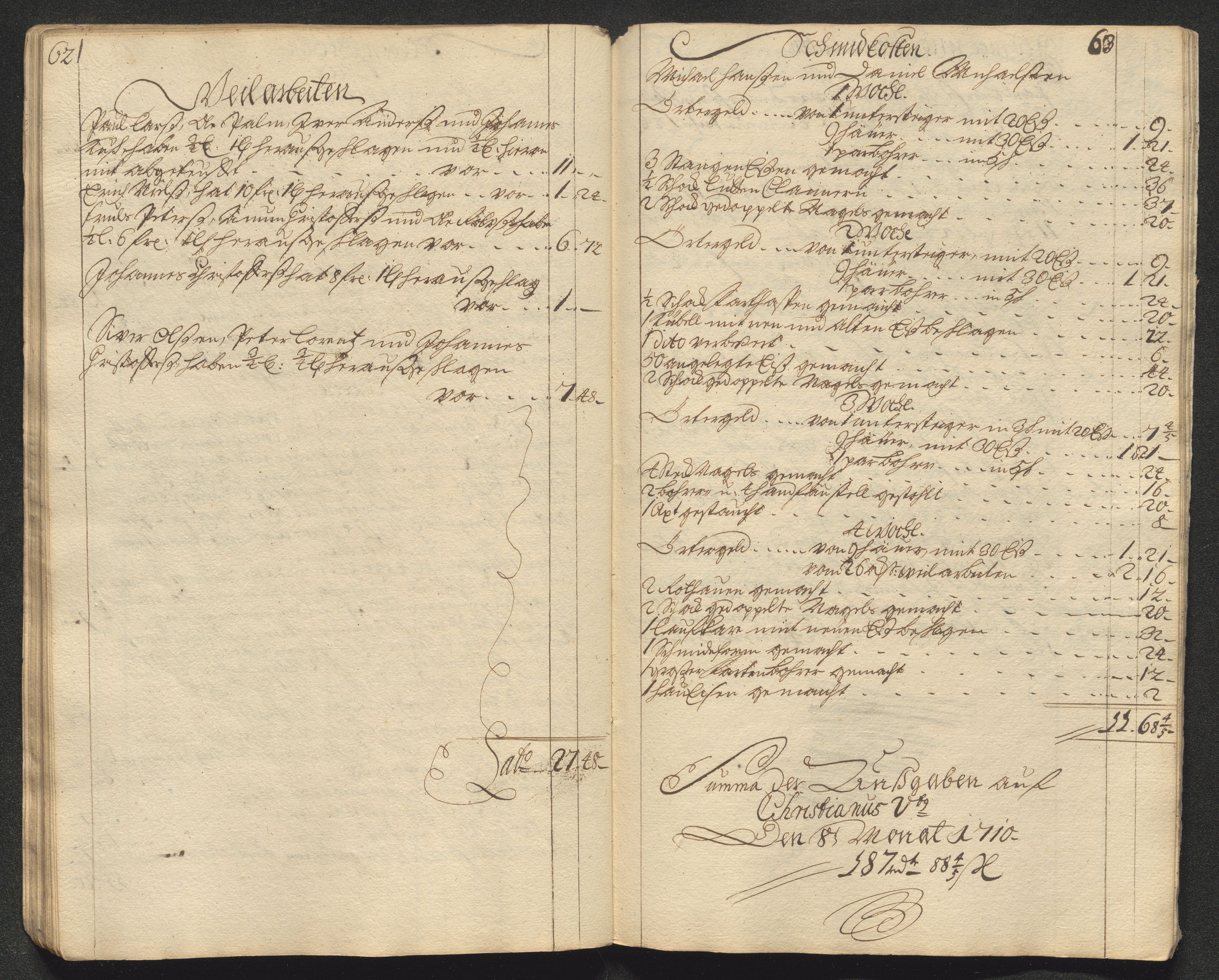 Kongsberg Sølvverk 1623-1816, AV/SAKO-EA-3135/001/D/Dc/Dcd/L0099: Utgiftsregnskap for gruver m.m., 1710, p. 360