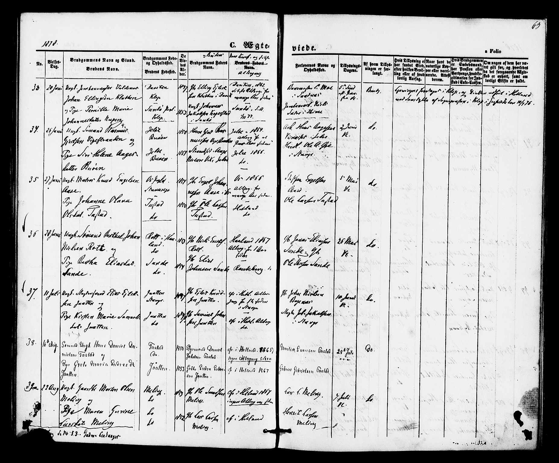 Hetland sokneprestkontor, AV/SAST-A-101826/30/30BA/L0005: Parish register (official) no. A 5, 1869-1884, p. 63