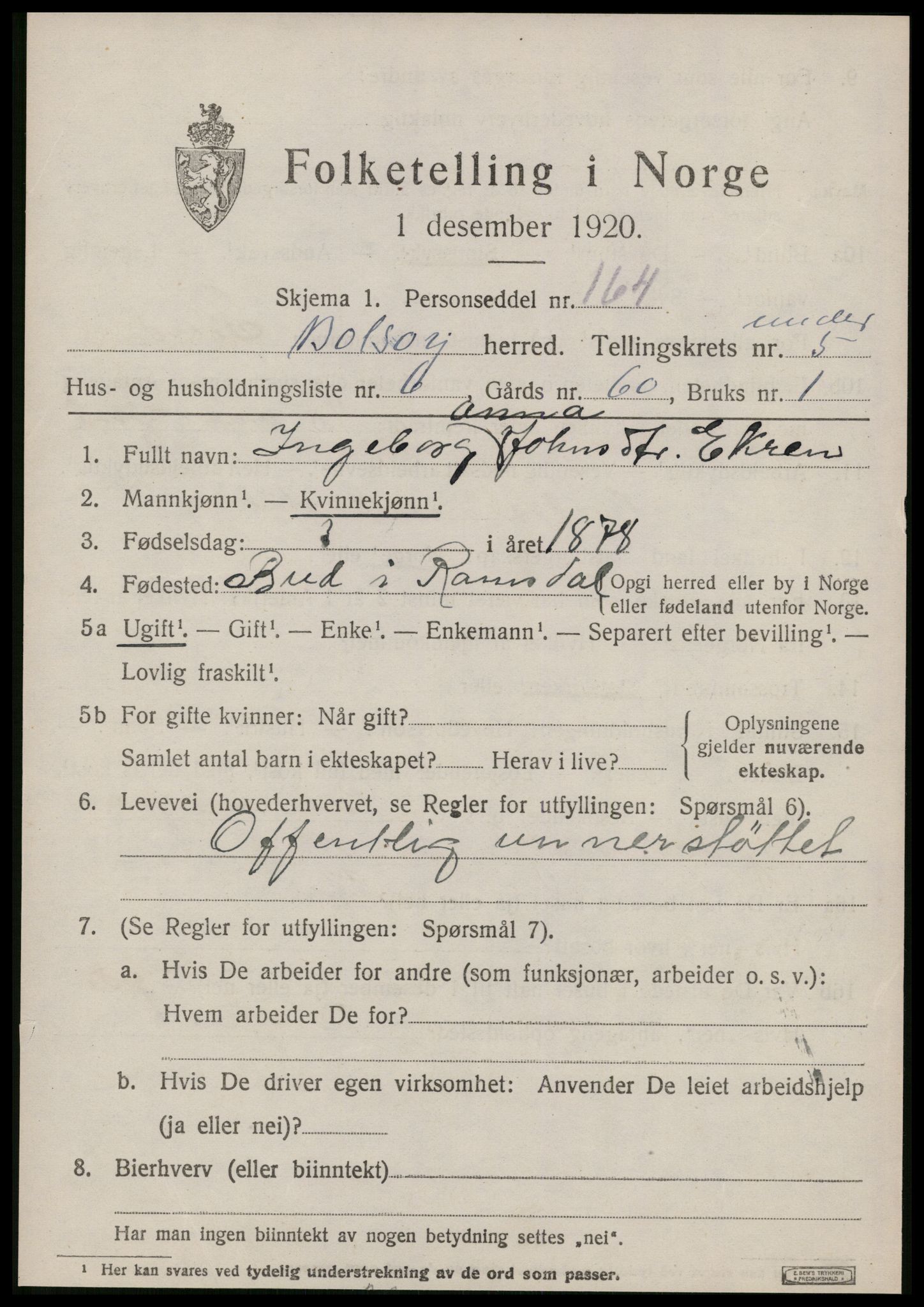 SAT, 1920 census for Bolsøy, 1920, p. 7527