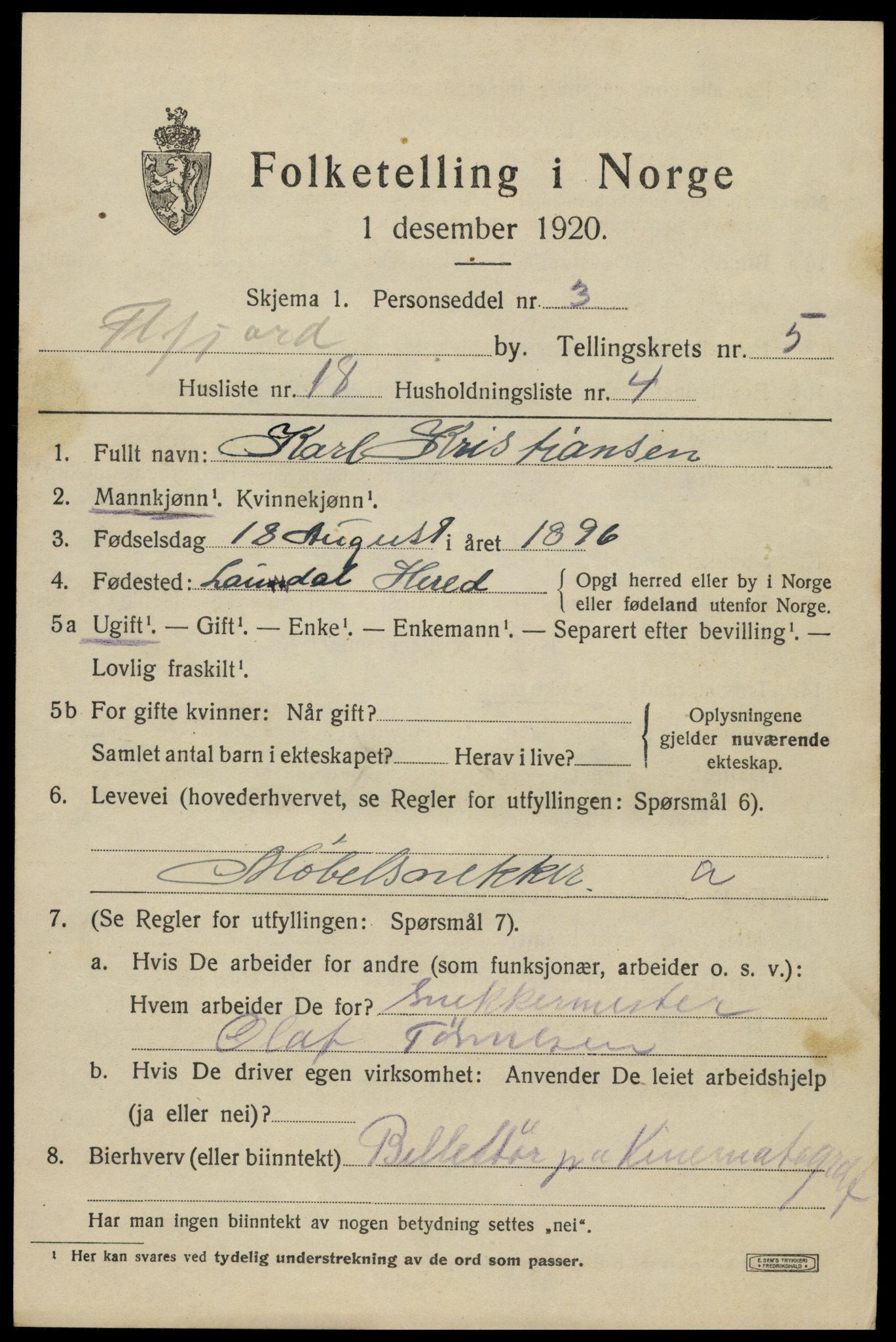 SAK, 1920 census for Flekkefjord, 1920, p. 5452