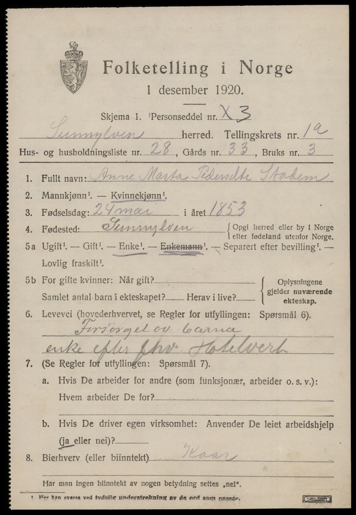 SAT, 1920 census for Sunnylven, 1920, p. 906