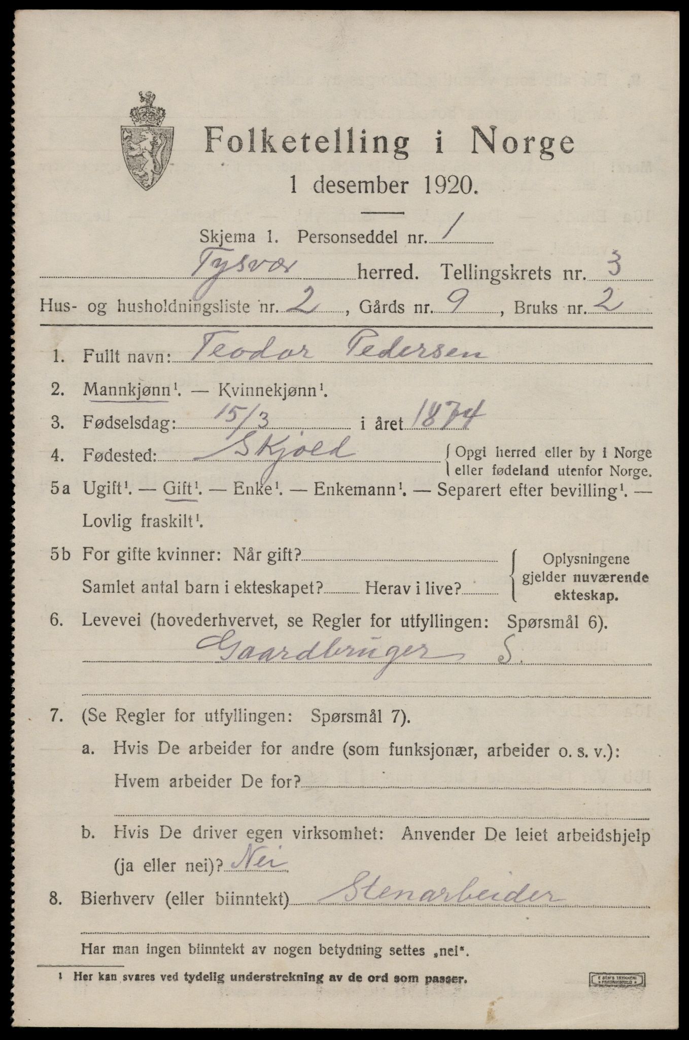 SAST, 1920 census for Tysvær, 1920, p. 1342