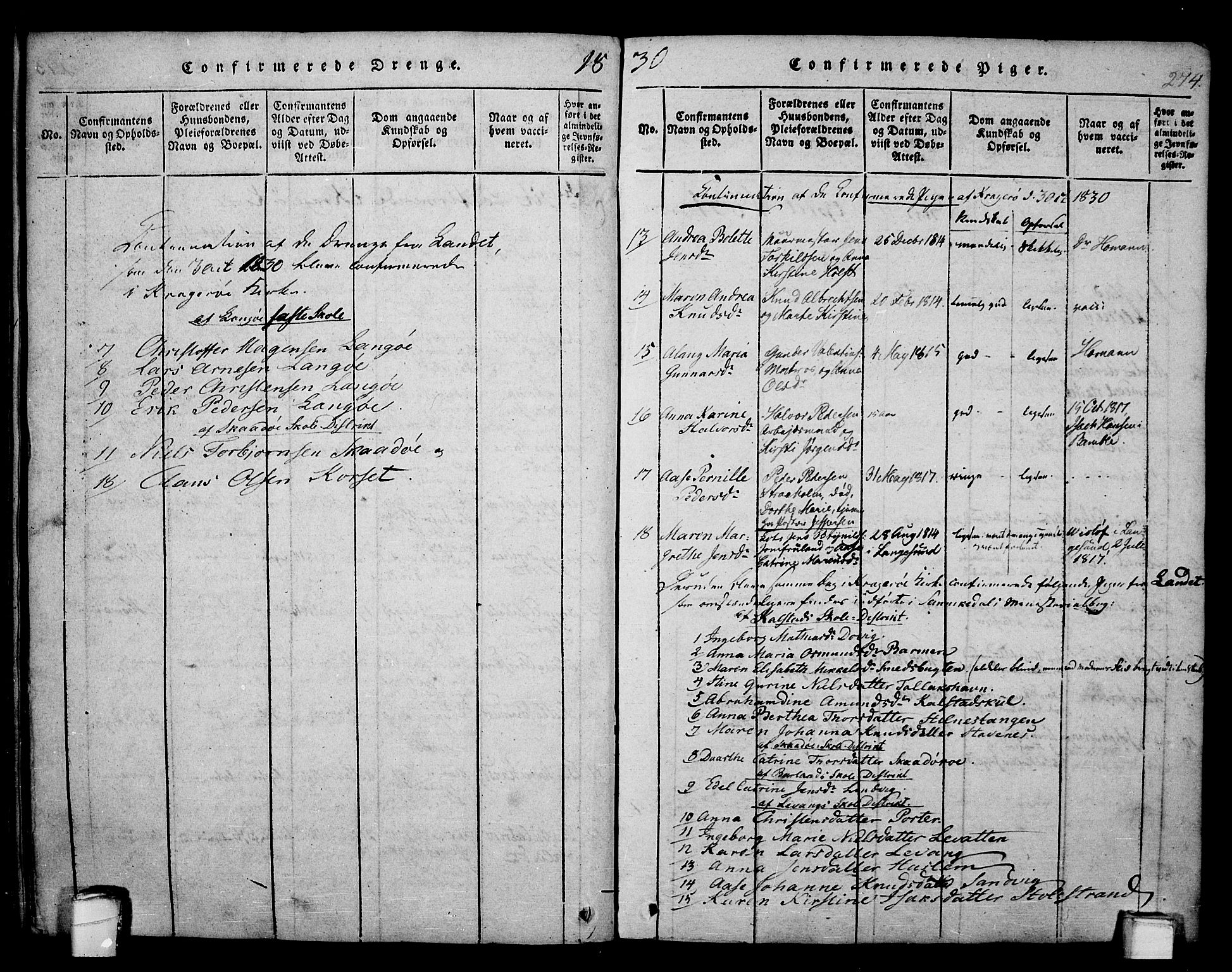 Kragerø kirkebøker, SAKO/A-278/F/Fa/L0004: Parish register (official) no. 4, 1814-1831, p. 274