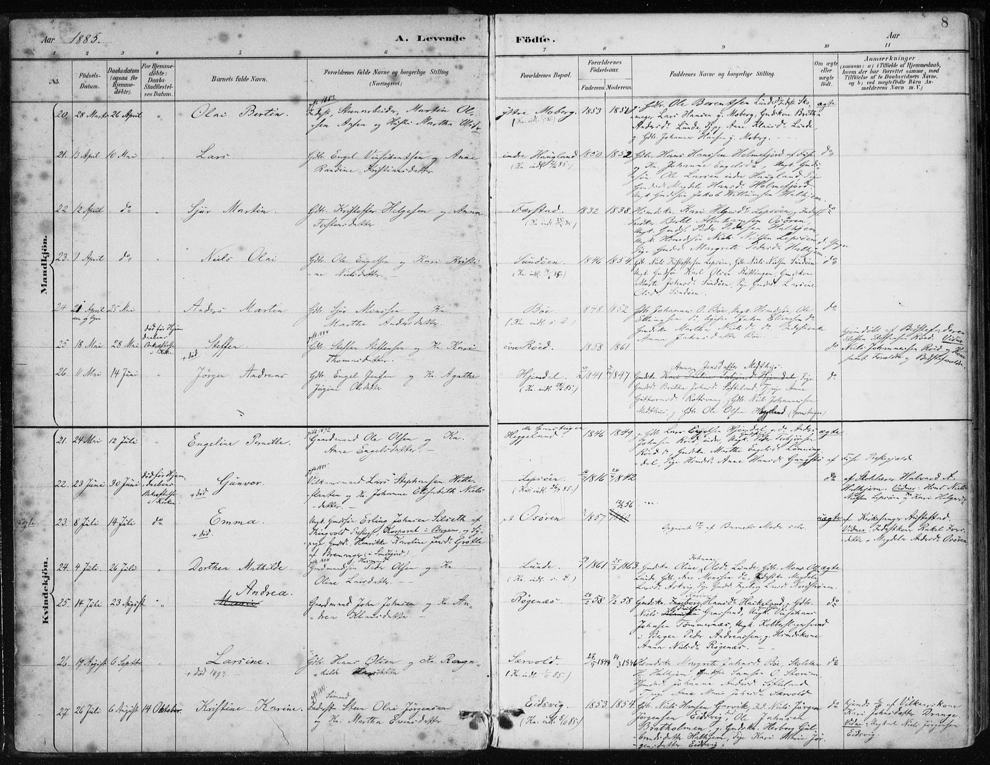 Os sokneprestembete, SAB/A-99929: Parish register (official) no. B 1, 1885-1902, p. 8