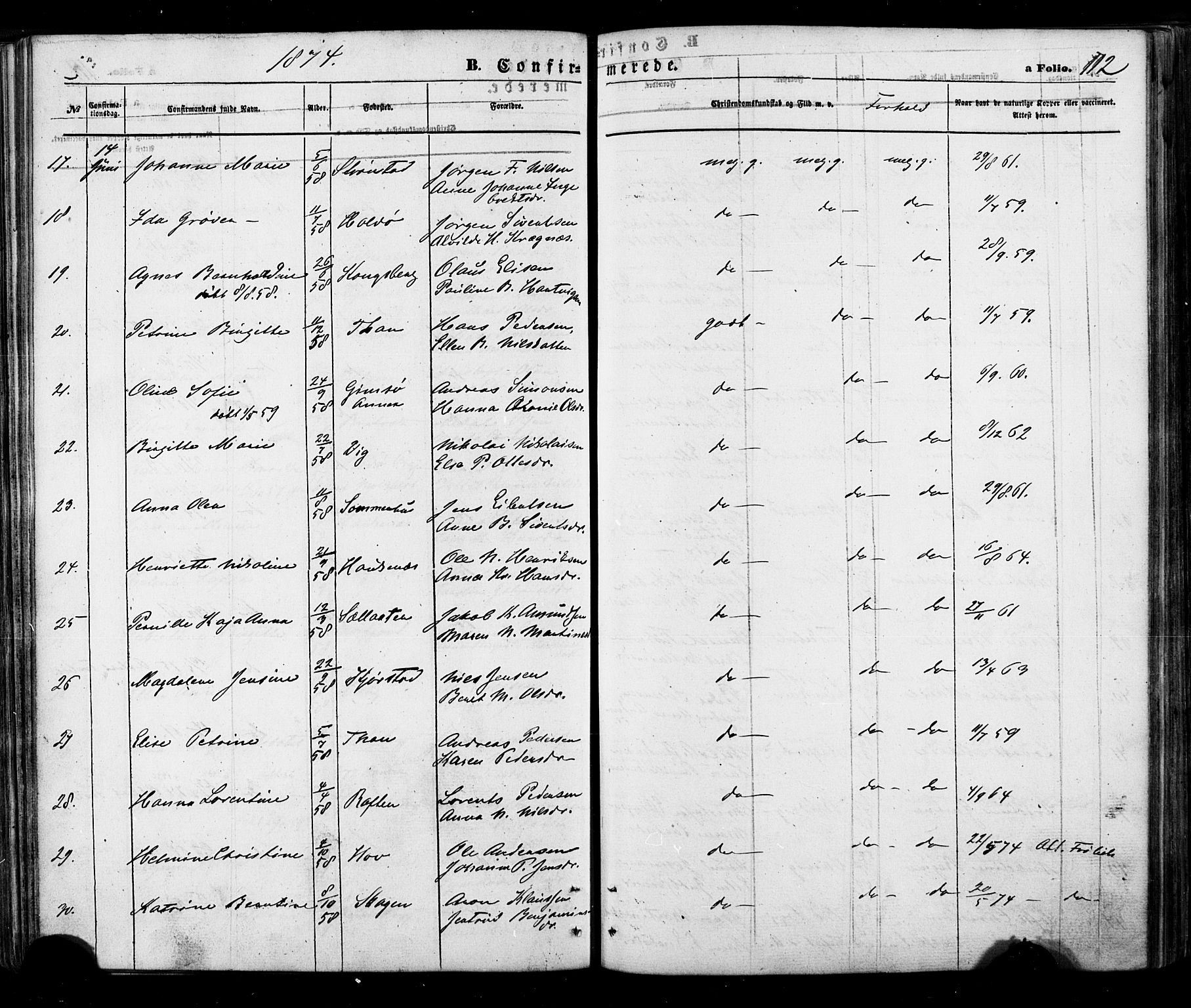 Ministerialprotokoller, klokkerbøker og fødselsregistre - Nordland, AV/SAT-A-1459/888/L1242: Parish register (official) no. 888A08, 1870-1875, p. 112