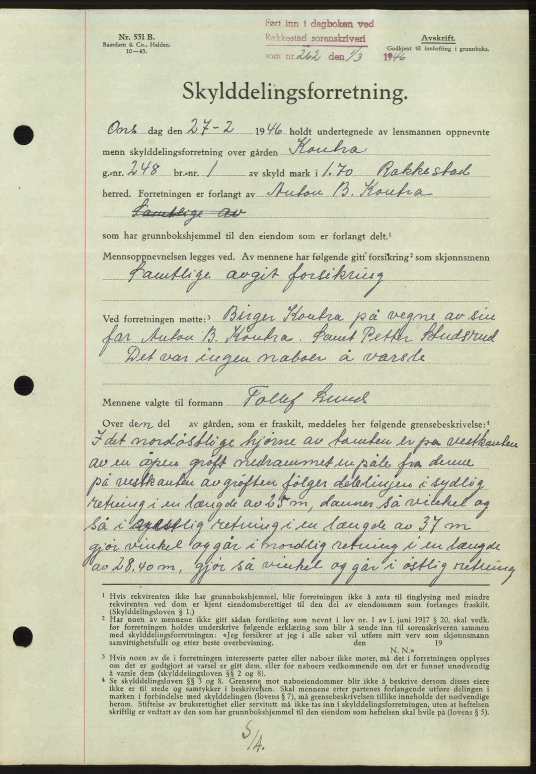 Rakkestad sorenskriveri, AV/SAO-A-10686/G/Gb/Gba/Gbab/L0012a: Mortgage book no. A12 I, 1945-1946, Diary no: : 262/1946