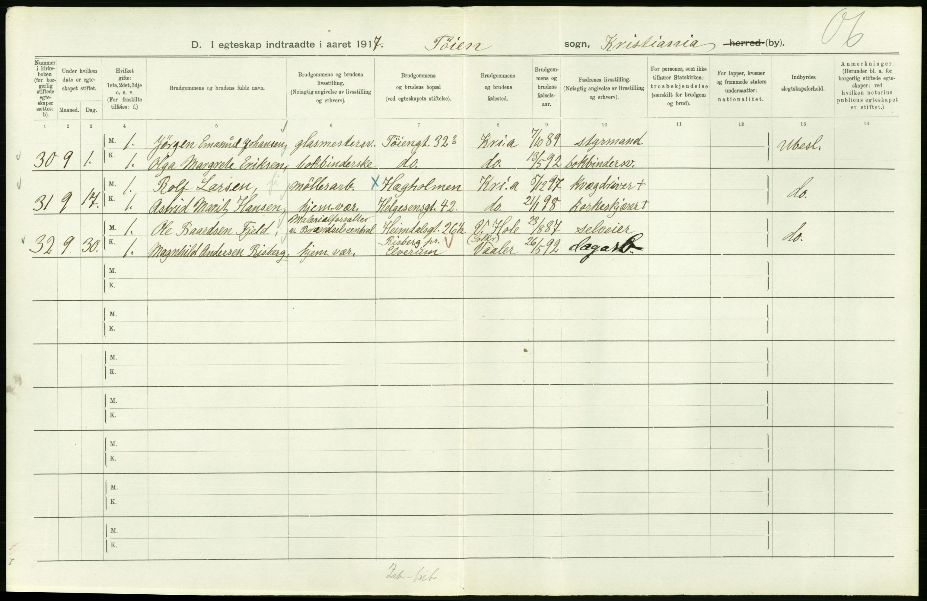 Statistisk sentralbyrå, Sosiodemografiske emner, Befolkning, AV/RA-S-2228/D/Df/Dfb/Dfbg/L0009: Kristiania: Gifte, 1917, p. 330