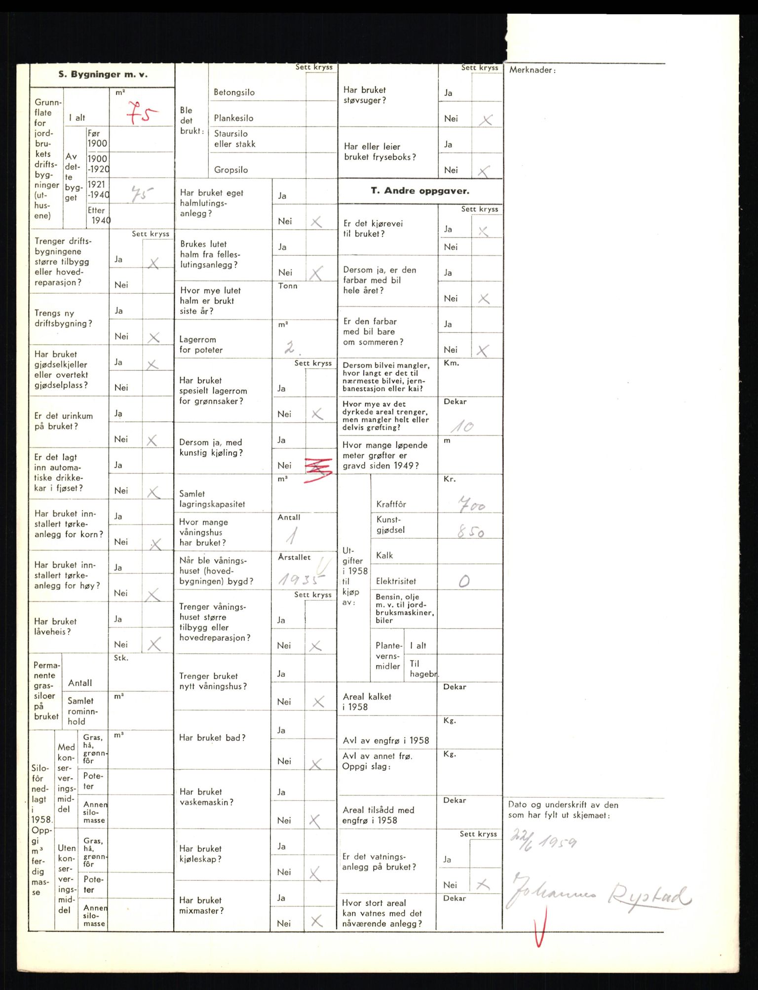 Statistisk sentralbyrå, Næringsøkonomiske emner, Jordbruk, skogbruk, jakt, fiske og fangst, AV/RA-S-2234/G/Gd/L0655: Troms: 1924 Målselv (kl. 4-10), 1959, p. 1156