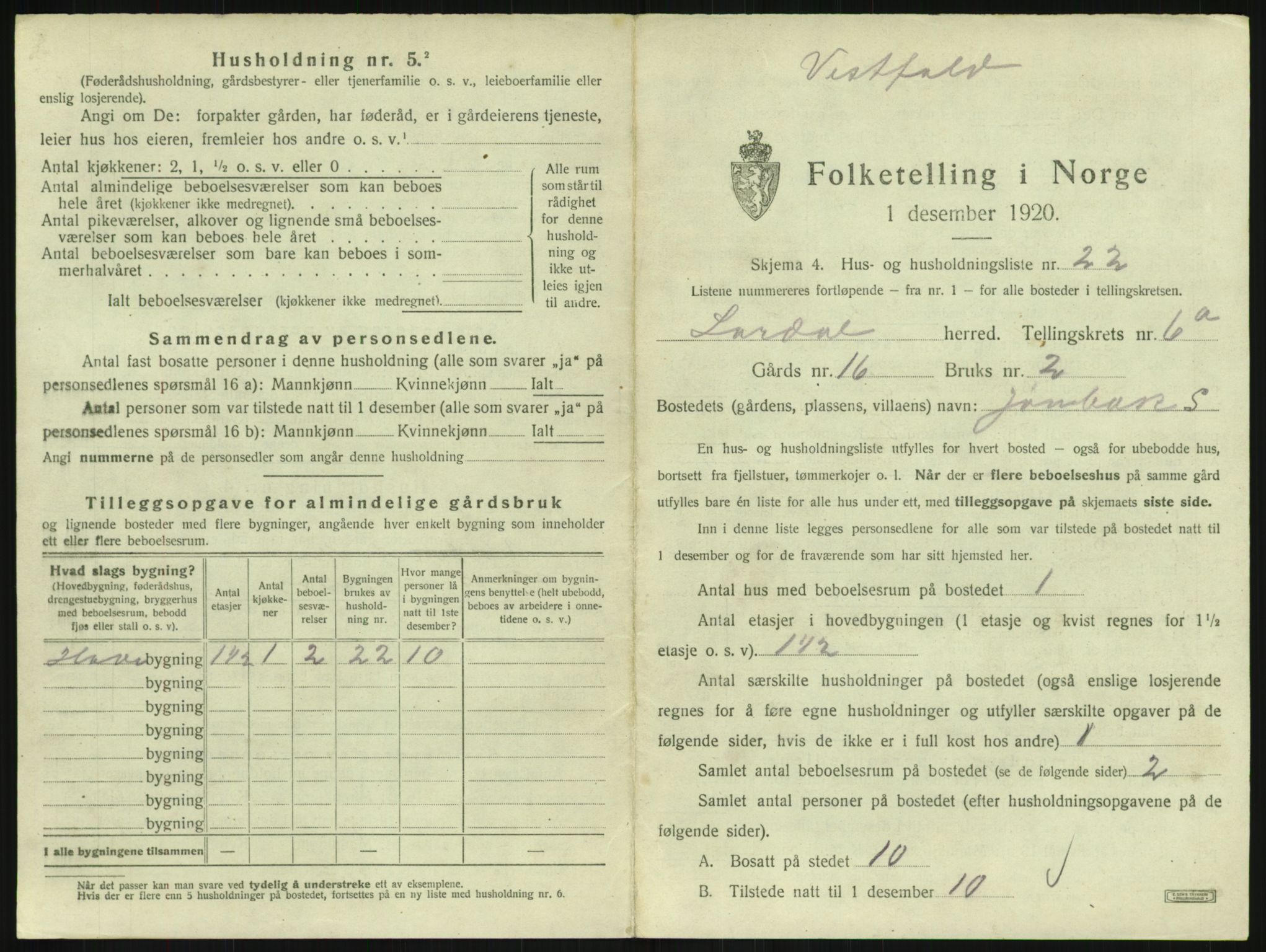 SAKO, 1920 census for Lardal, 1920, p. 915