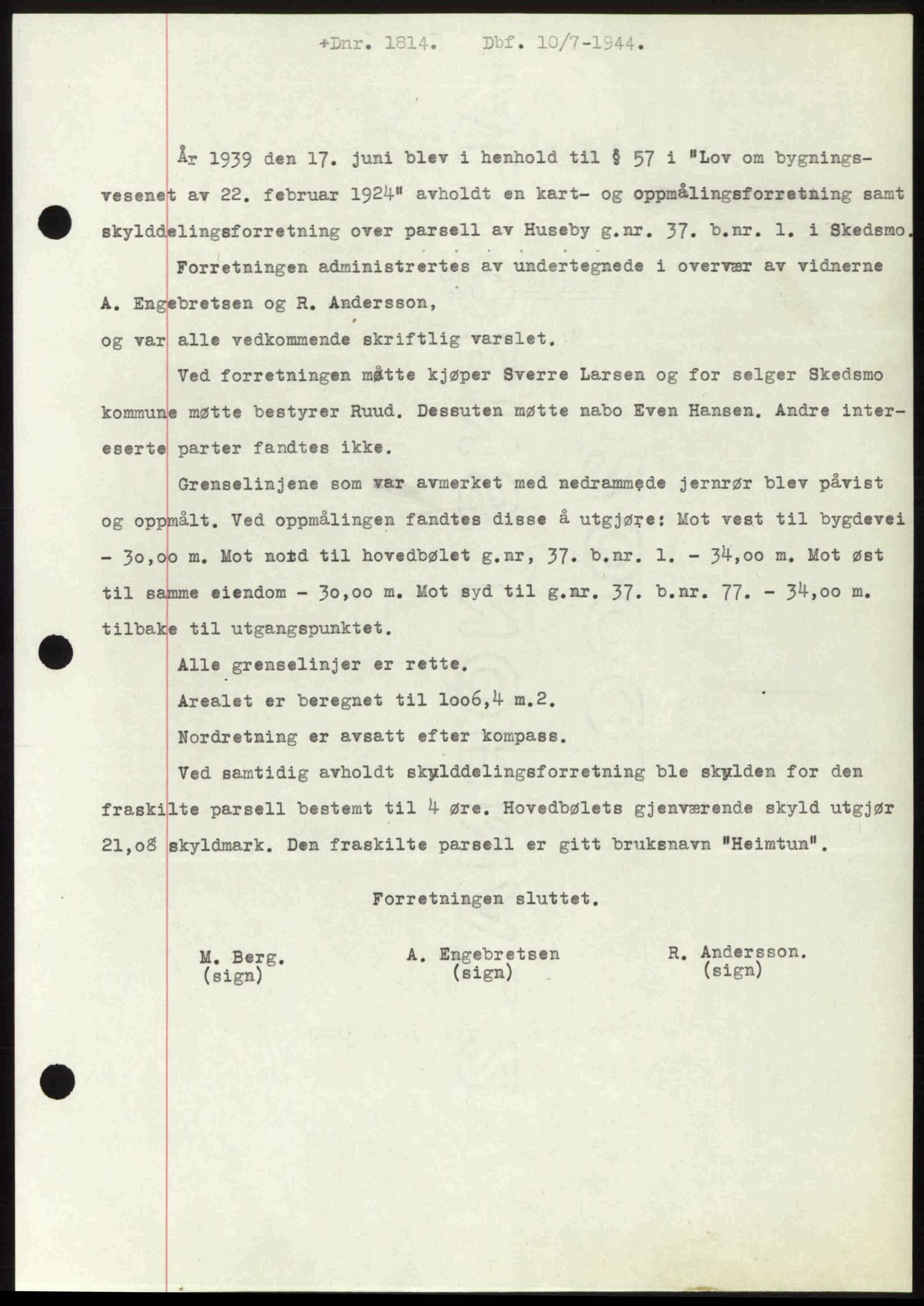 Nedre Romerike sorenskriveri, AV/SAO-A-10469/G/Gb/Gbd/L0012: Mortgage book no. 12, 1944-1944, Diary no: : 1814/1944