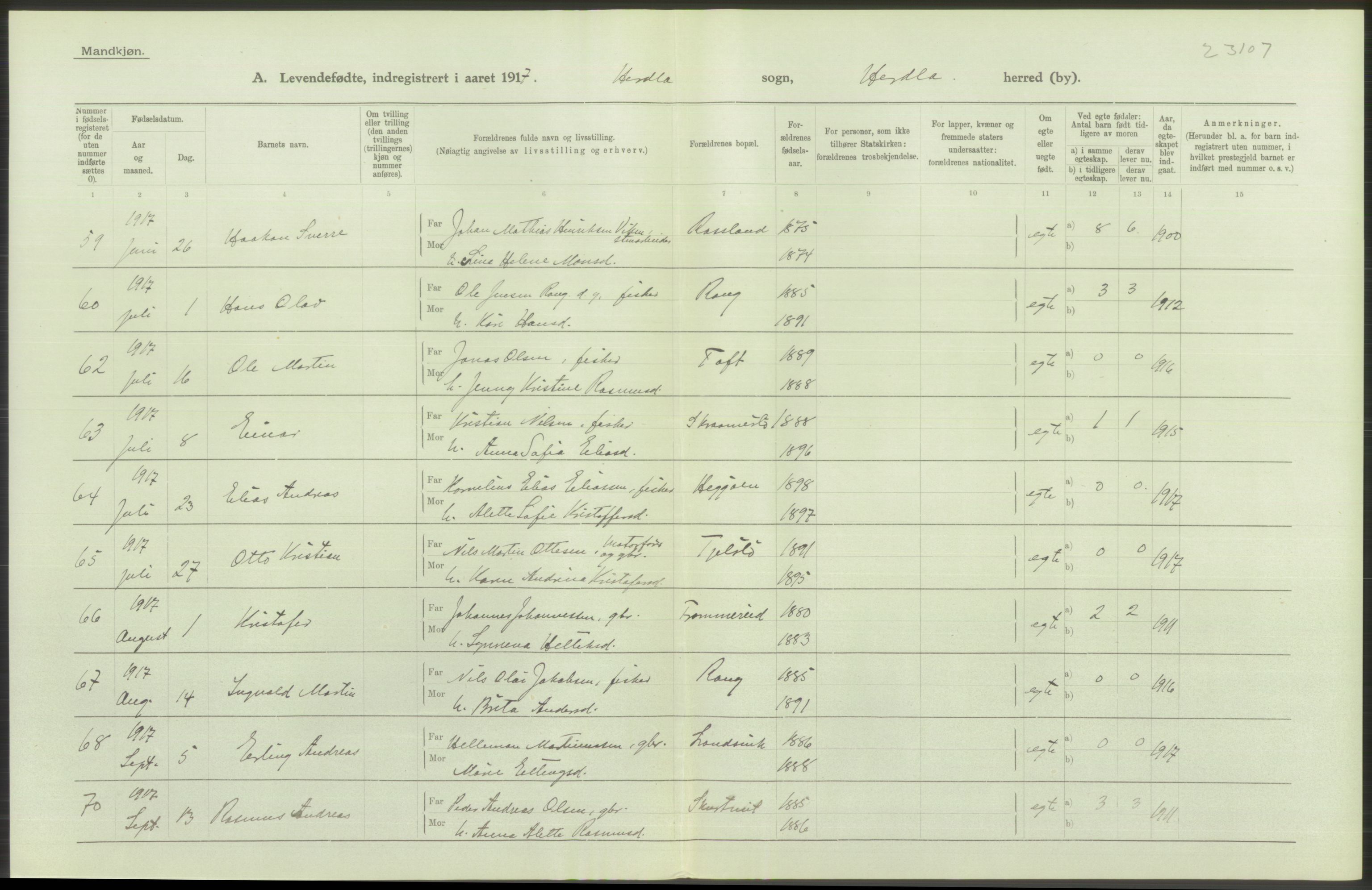 Statistisk sentralbyrå, Sosiodemografiske emner, Befolkning, RA/S-2228/D/Df/Dfb/Dfbg/L0034: S. Bergenhus amt: Levendefødte menn og kvinner. Bygder., 1917, p. 122