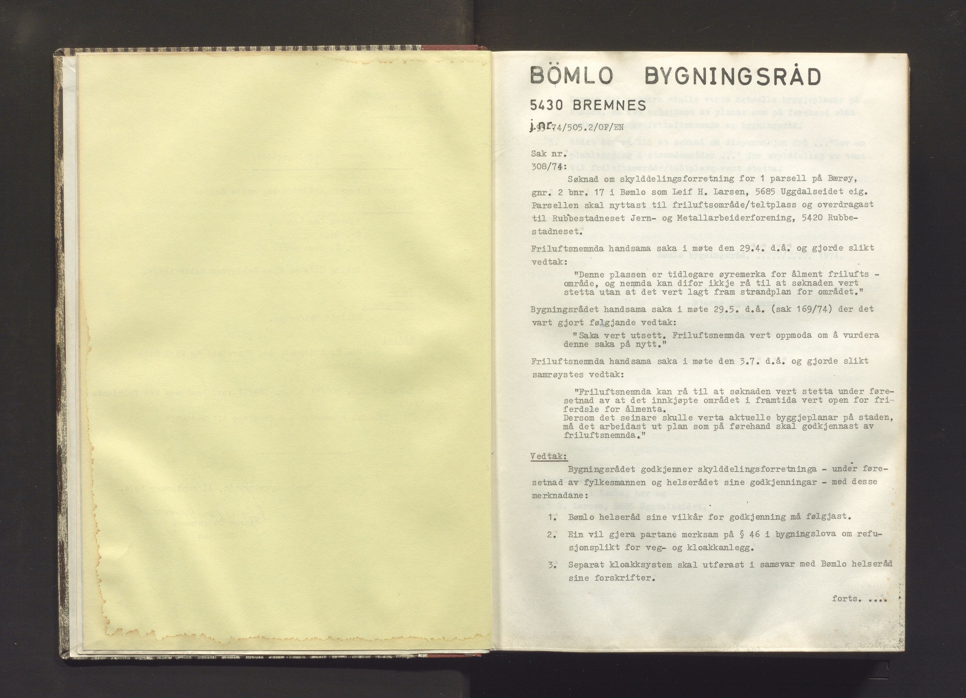 Bømlo kommune. Bygningsrådet , IKAH/1219-511/A/Aa/L0013: Møtebok for Bømlo bygningsråd, 1974