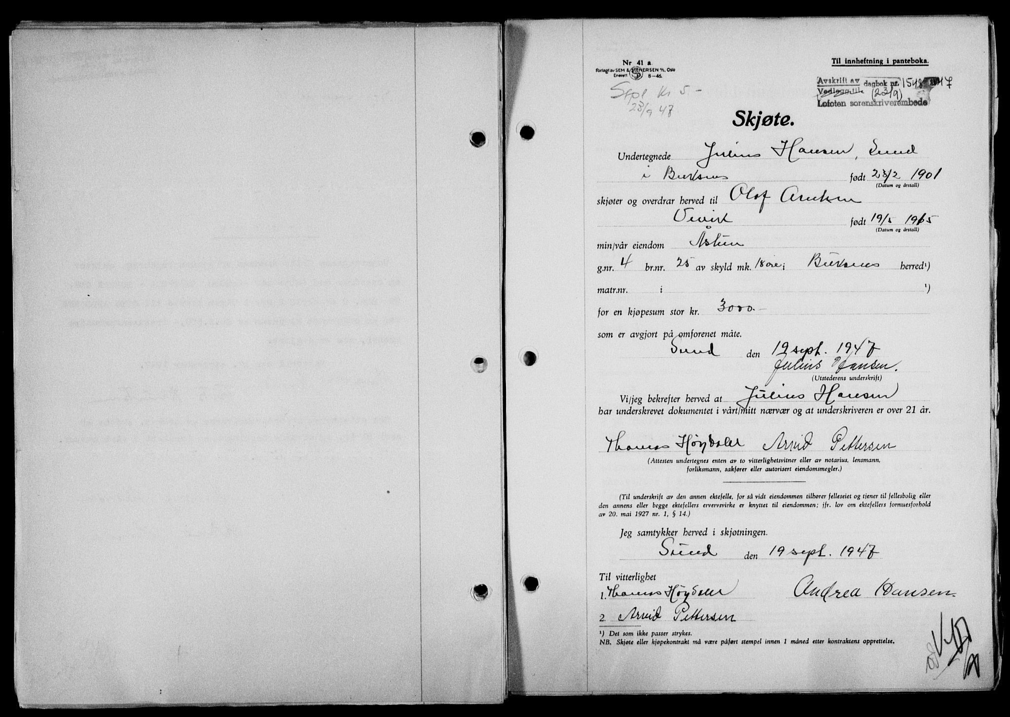Lofoten sorenskriveri, SAT/A-0017/1/2/2C/L0016a: Mortgage book no. 16a, 1947-1947, Diary no: : 1548/1947