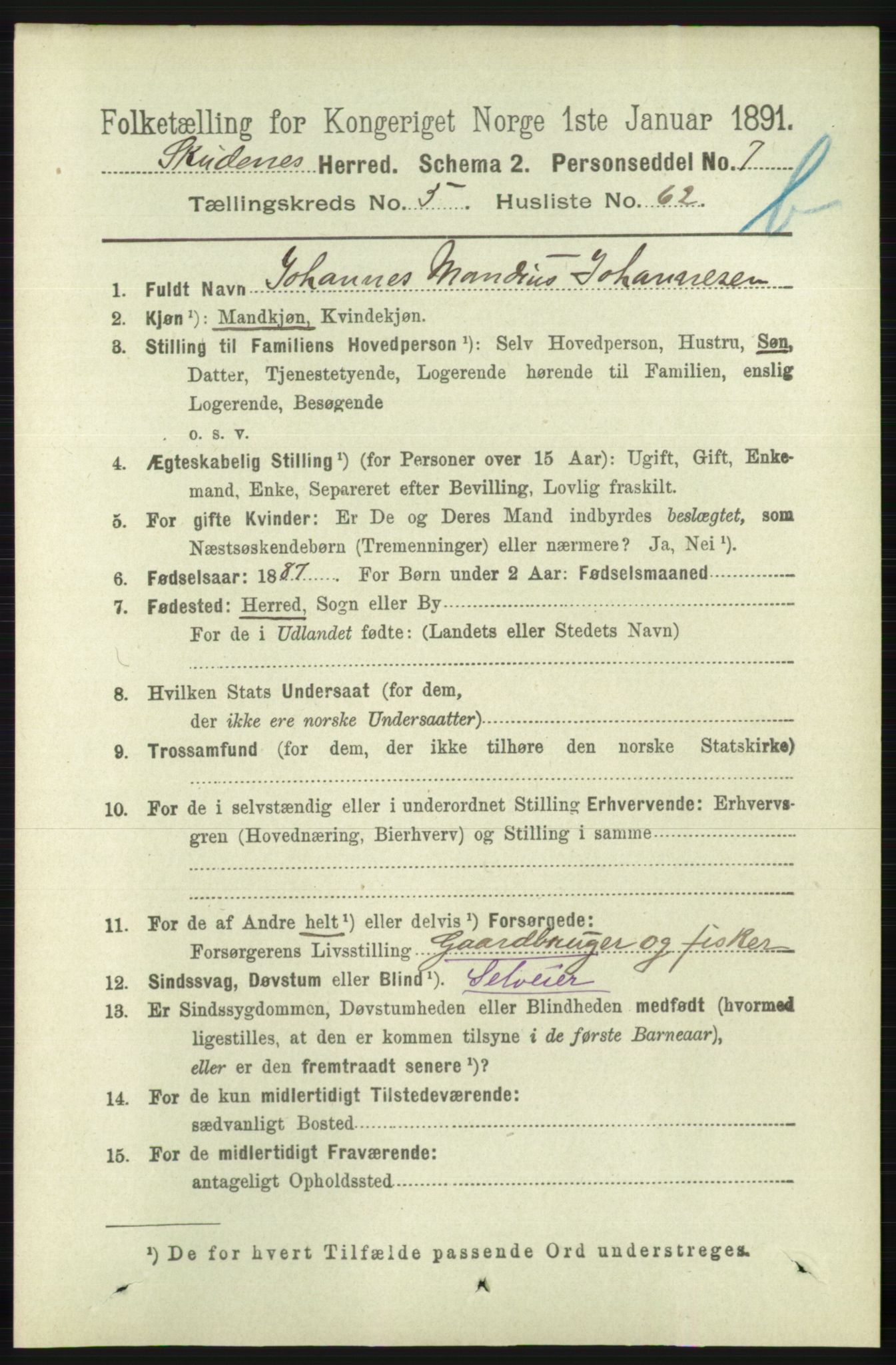 RA, 1891 census for 1150 Skudenes, 1891, p. 5552