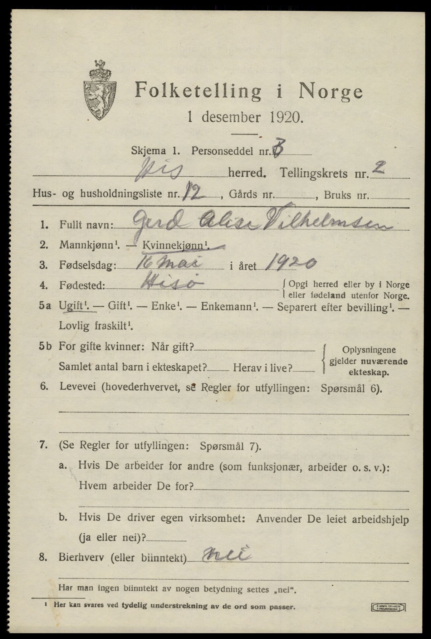 SAK, 1920 census for Hisøy, 1920, p. 2528