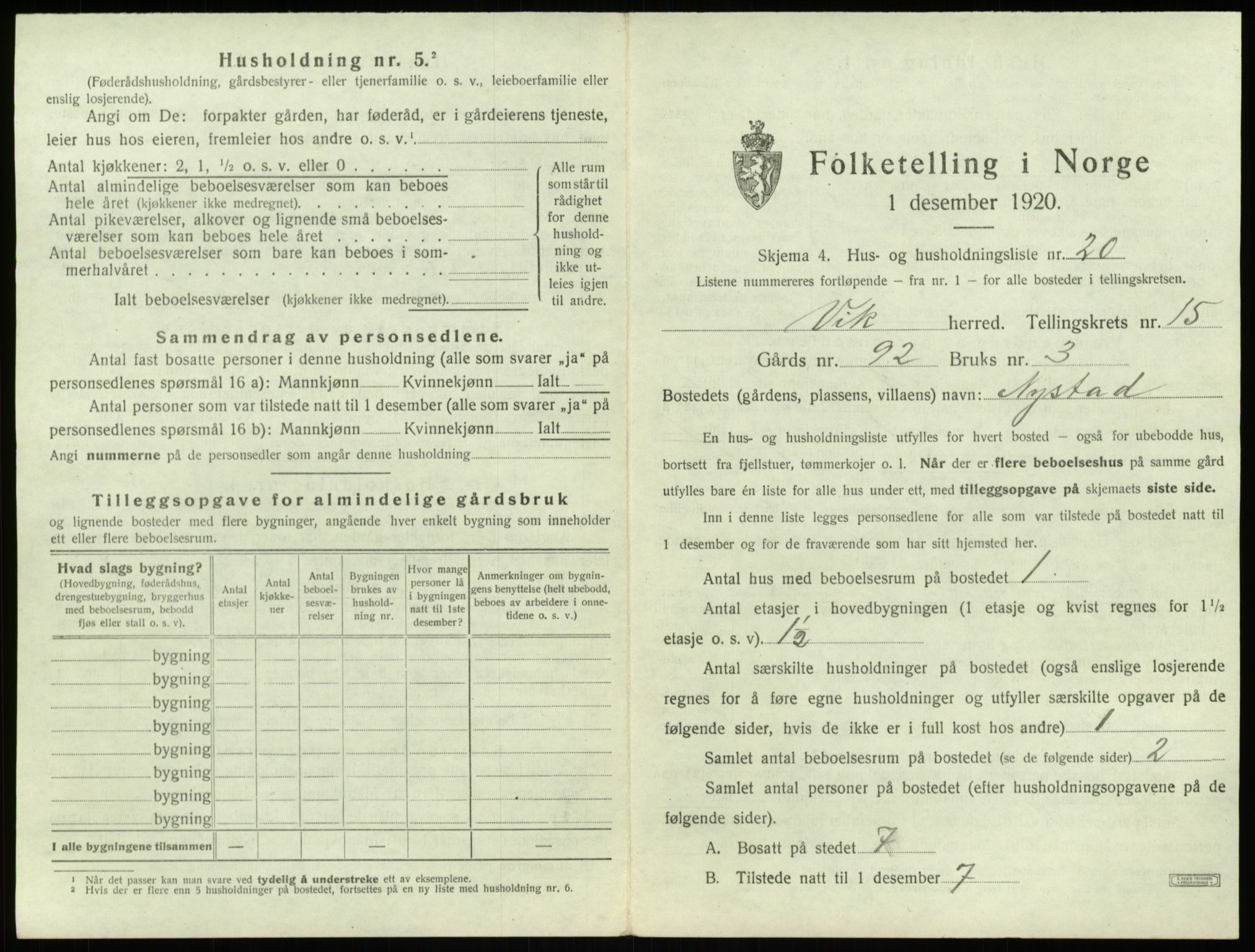 SAB, 1920 census for Vik, 1920, p. 1278