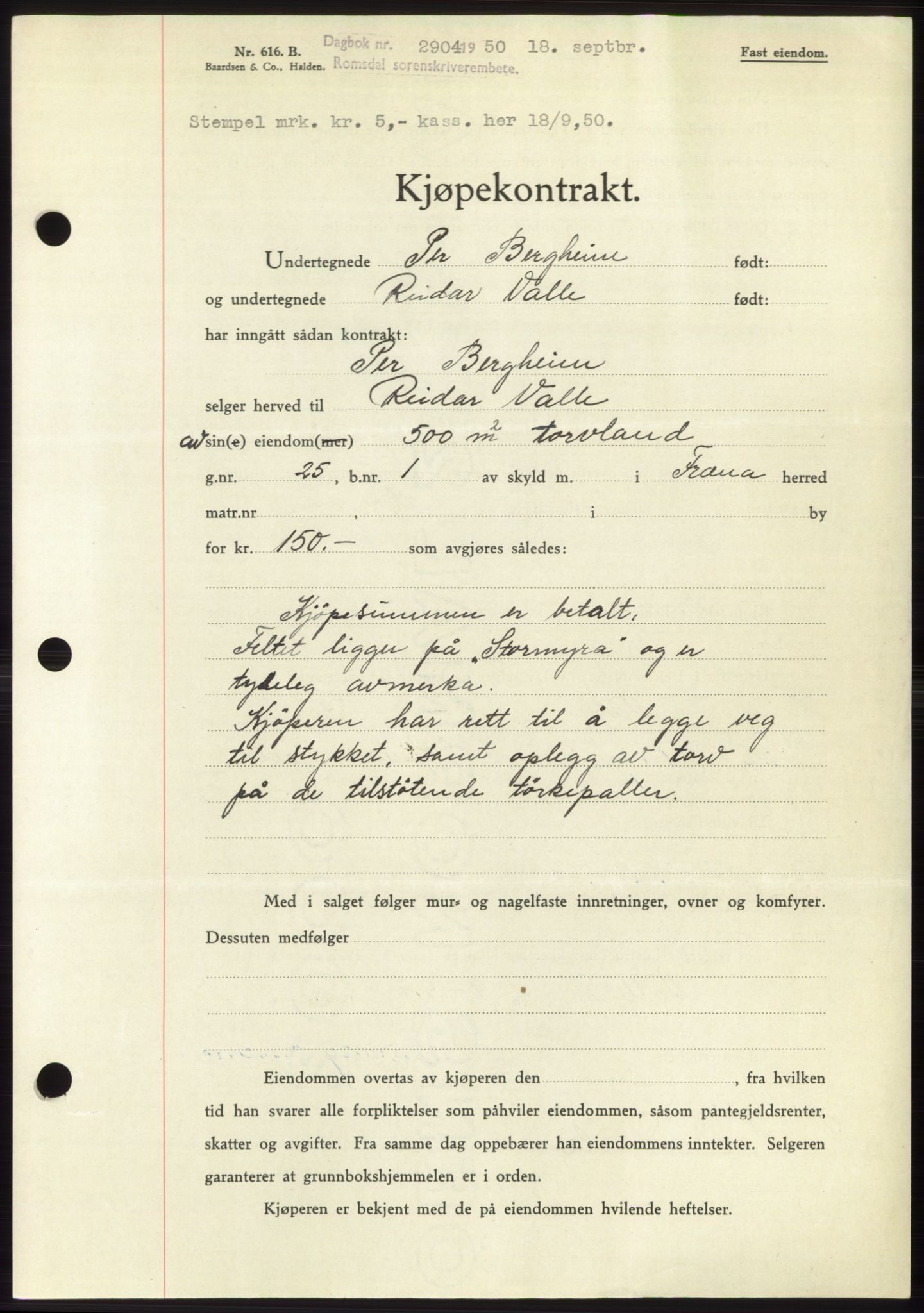 Romsdal sorenskriveri, AV/SAT-A-4149/1/2/2C: Mortgage book no. B5, 1949-1950, Diary no: : 2904/1950