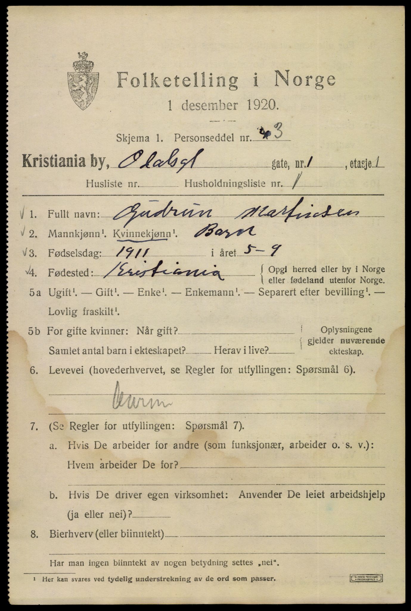 SAO, 1920 census for Kristiania, 1920, p. 428973