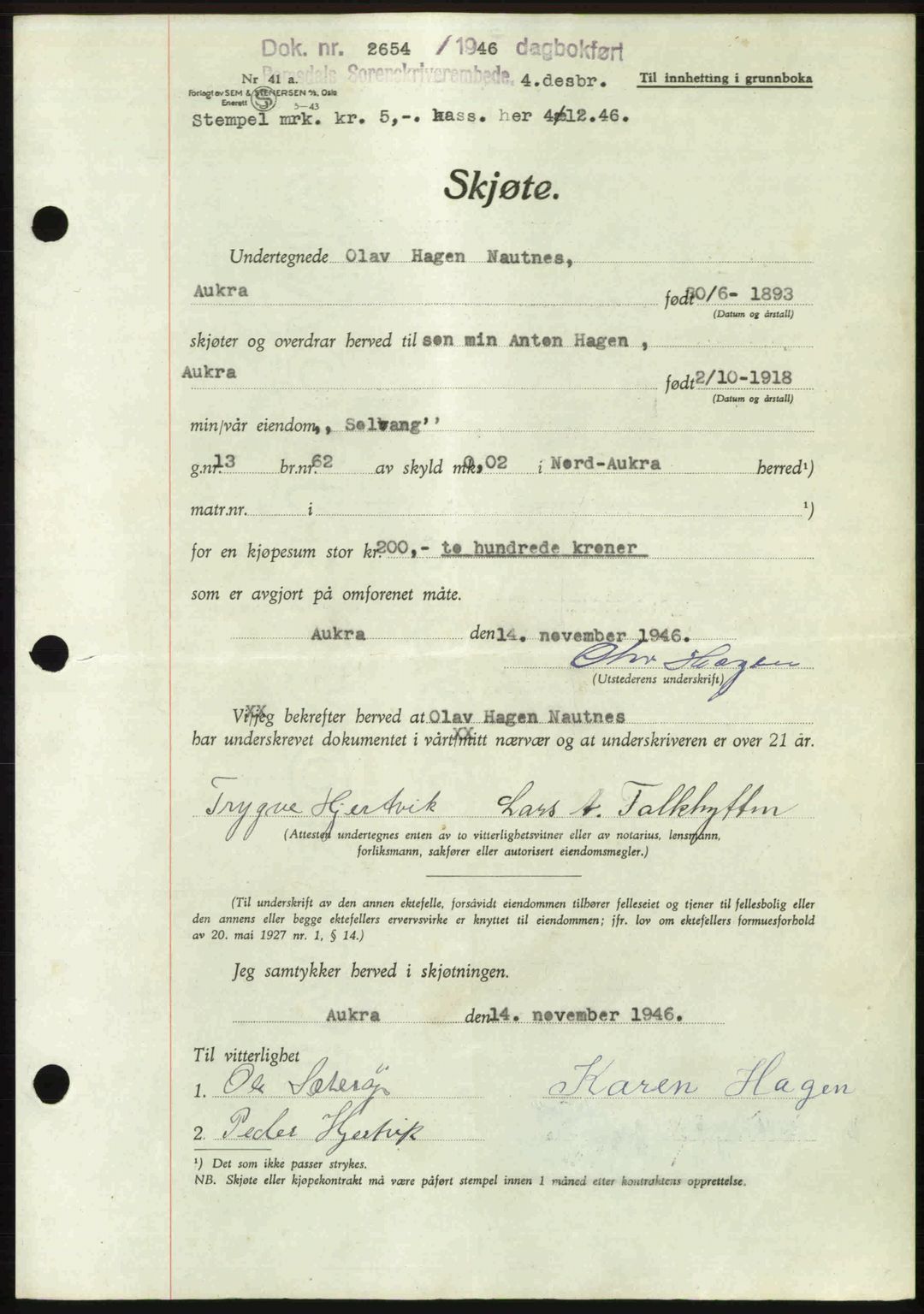 Romsdal sorenskriveri, AV/SAT-A-4149/1/2/2C: Mortgage book no. A21, 1946-1946, Diary no: : 2654/1946