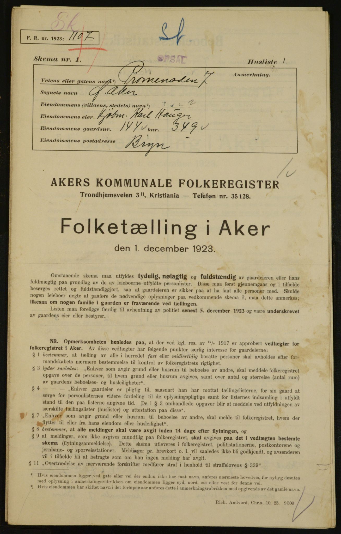 , Municipal Census 1923 for Aker, 1923, p. 29539