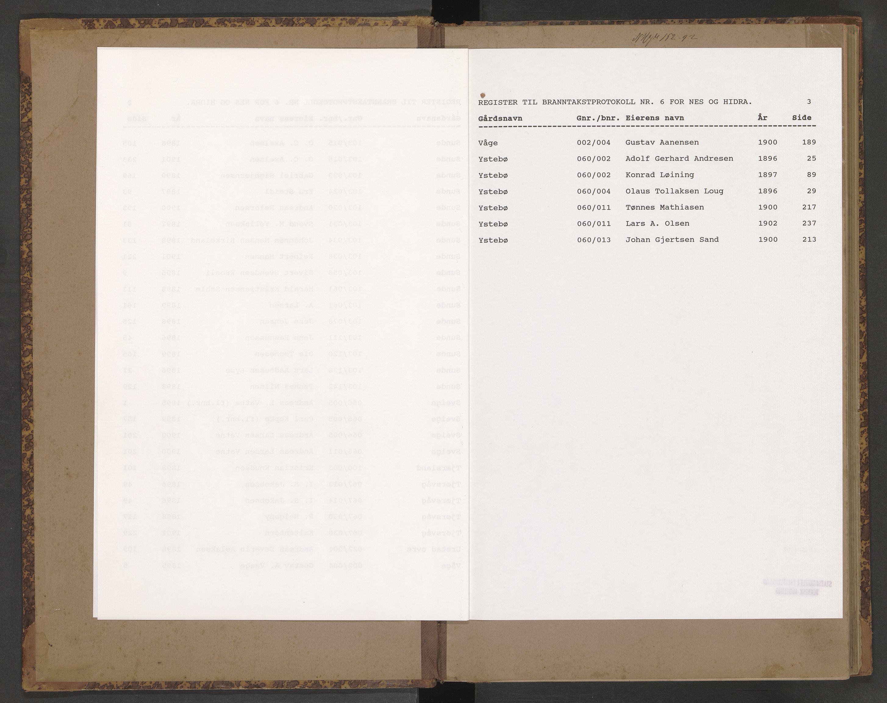 Norges Brannkasse Nes og Hidra, AV/SAK-2241-0040/F/Fa/L0006: Branntakstprotokoll nr. 6 med gårdsnavnregister, 1895-1902