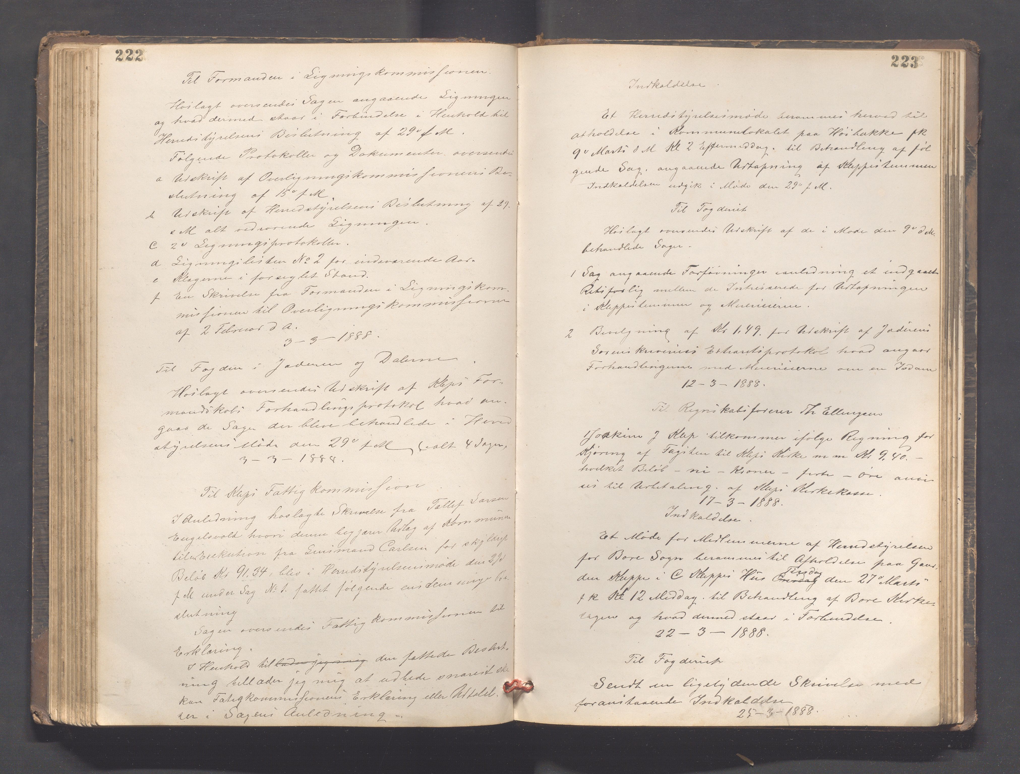 Klepp kommune - Formannskapet, IKAR/K-100277/B/L0003: Kopibok, 1877-1892, p. 222-223