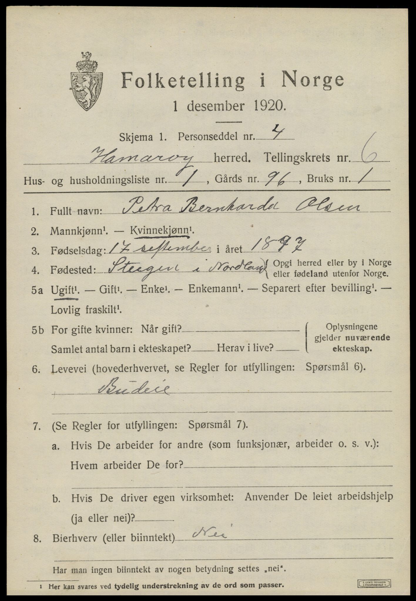 SAT, 1920 census for Hamarøy, 1920, p. 2948